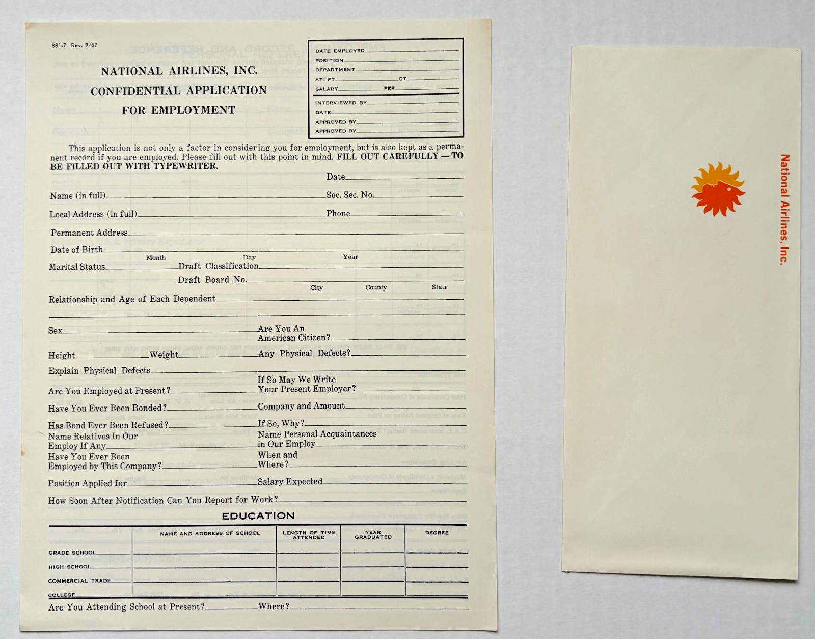 Vintage 1967 National Airlines Job Application Unused Sun King Logo Envelope
