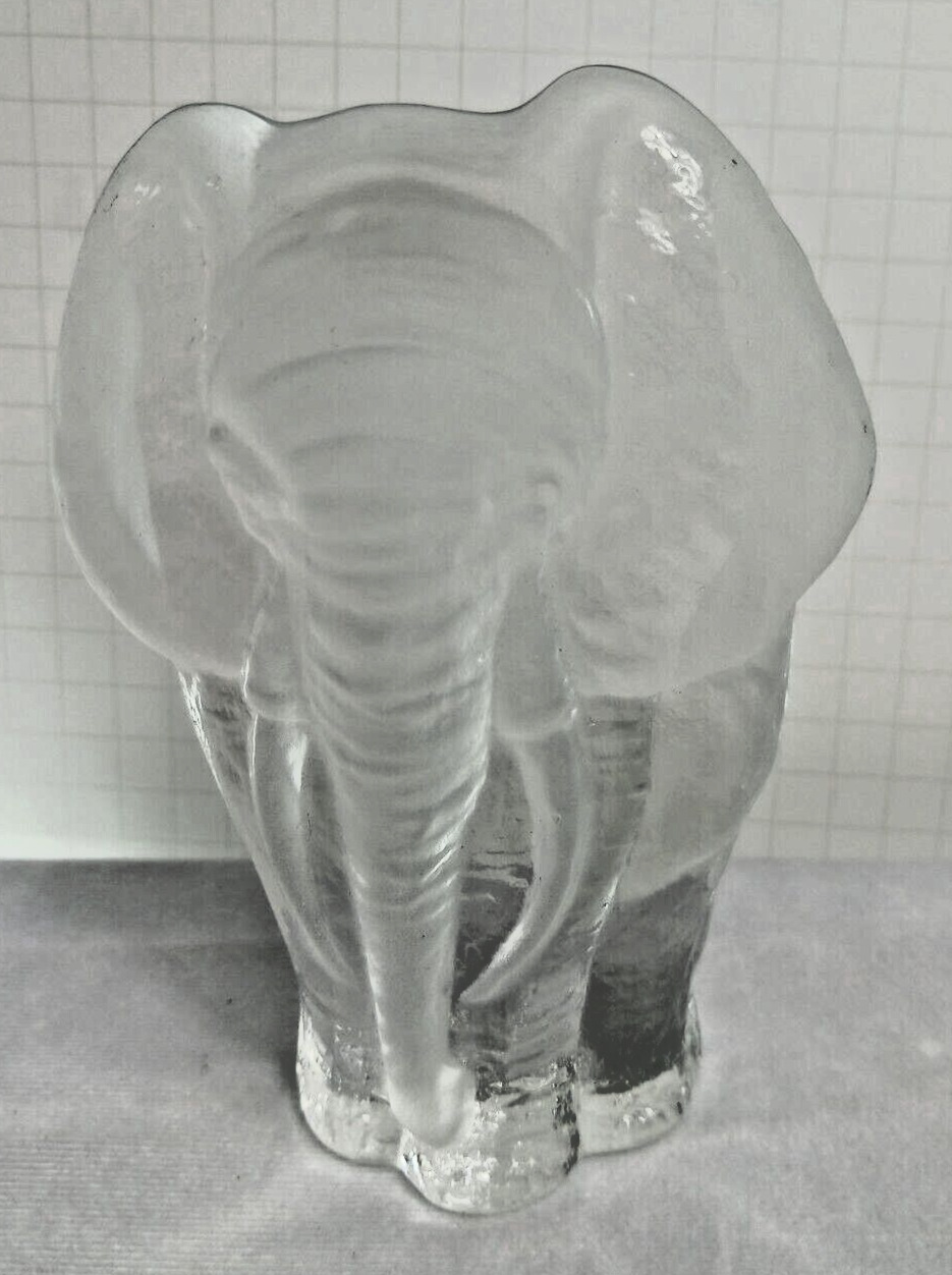 Viking Clear Frosted Glass Elephant Paperweight Bookend with Label