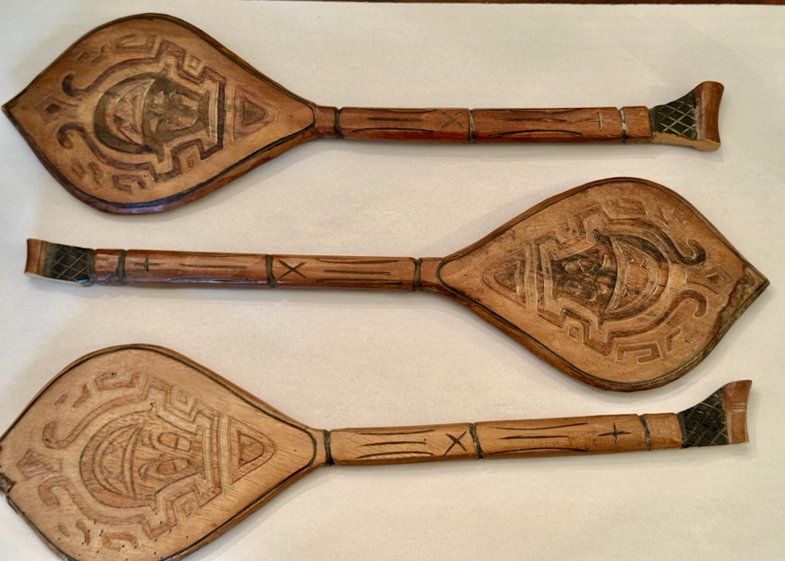 Vintage Hand Carved Wooden Tiki Dance Paddle Wall Art 21” Folk Art Decor Set 3 Vintage Hand Carved Wooden Tiki Dance Paddle Wall Art 21” Folk Art Decor Set 3