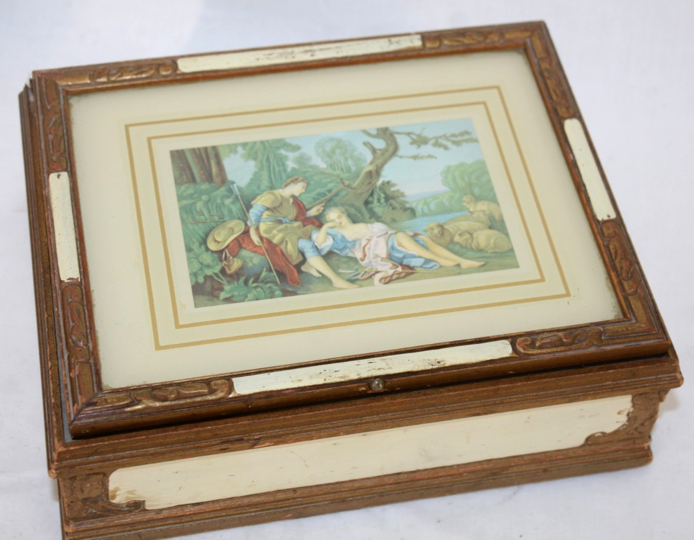 Vintage French Jewelry / Vanity Box, 9" x 7" , Wood / Glass