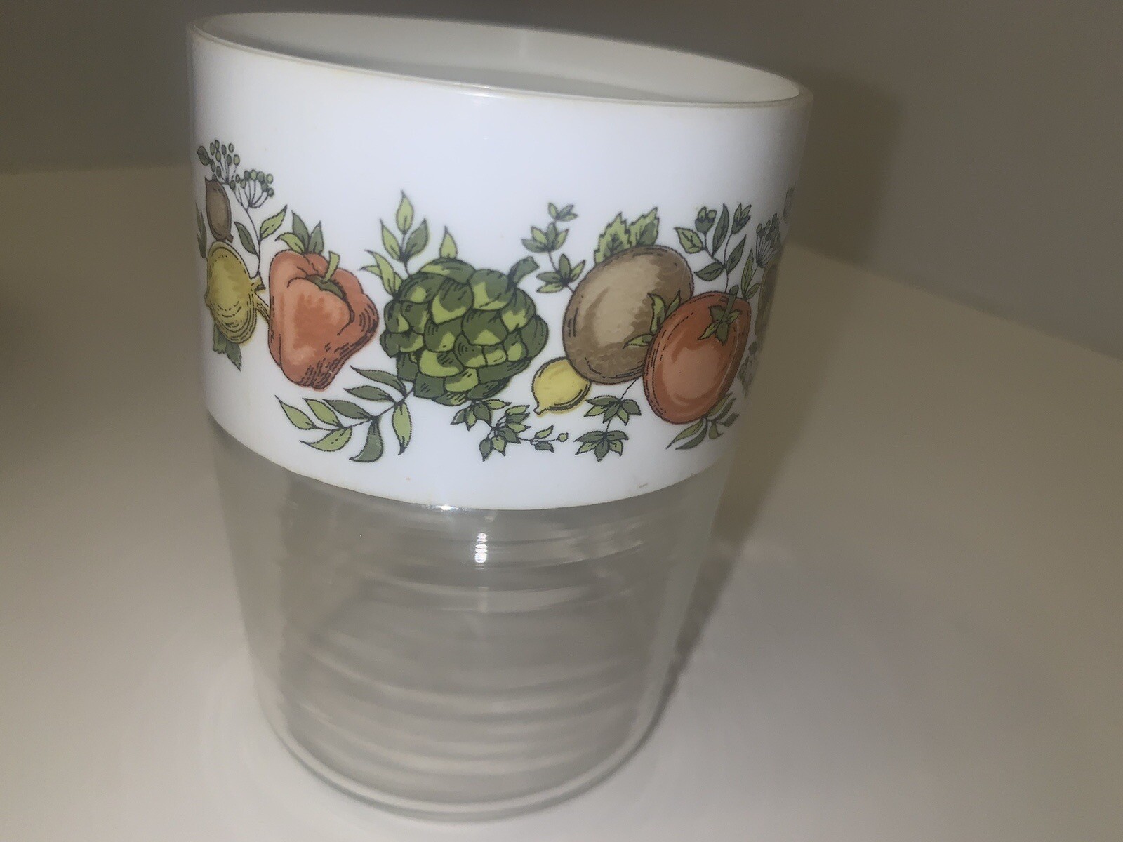 Vtg. 1970’s Pyrex Mini “Spice Of Life” Canister it’s glass/plastic 3 3/4” tall Vtg. 1970’s Pyrex Mini “Spice Of Life” Canister it’s glass/plastic 3 3/4” tall