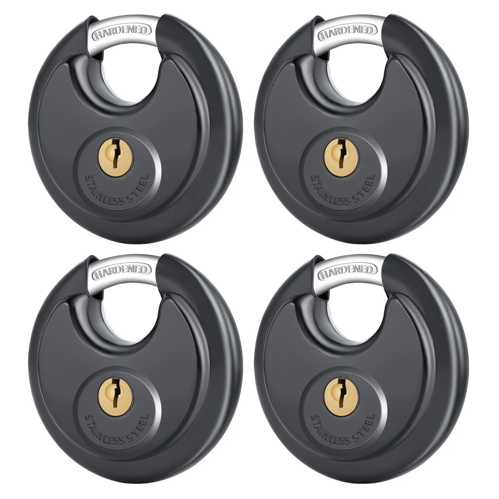4 Pack Black Keyed Padlocks, 3/8" Shackle Stainless Steel Disc Locks for Outdoor 4 Pack Black Keyed Padlocks, 3/8" Shackle Stainless Steel Disc Locks for Outdoor