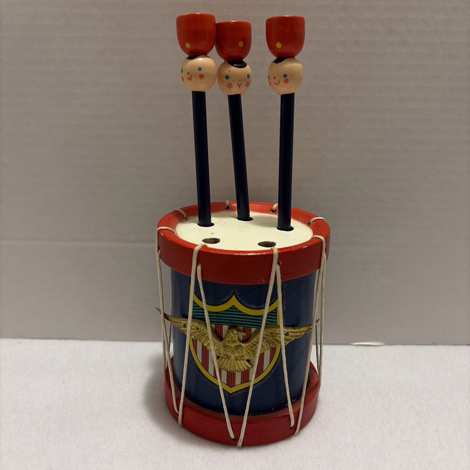 RARE Vintage Patriotic Drum Pencil Holder with Eagle Pencils Americana Wood USA