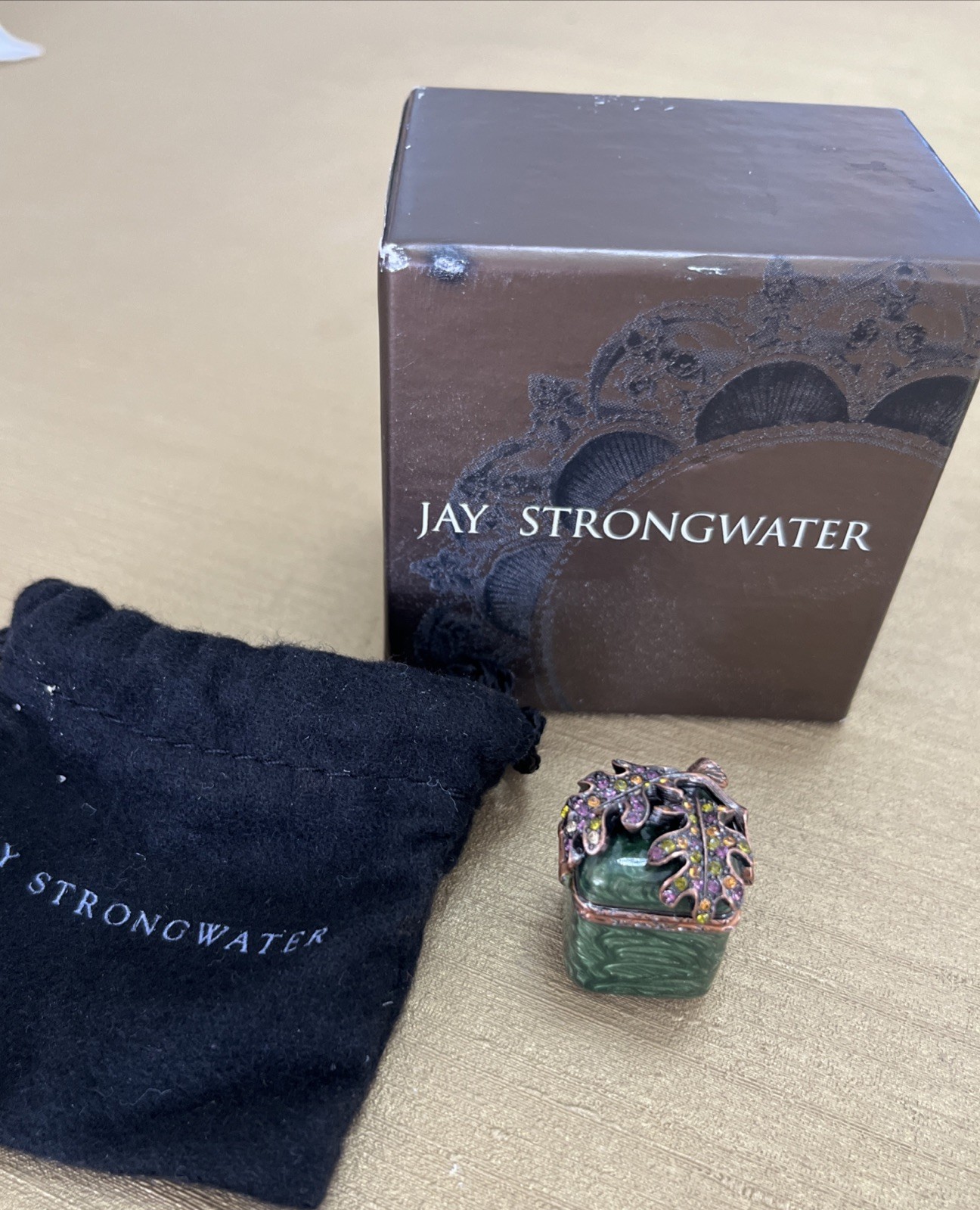 Vintage Jay Strongwater Green Enamel Trinket Box - Leafs with Swarovski Crystals