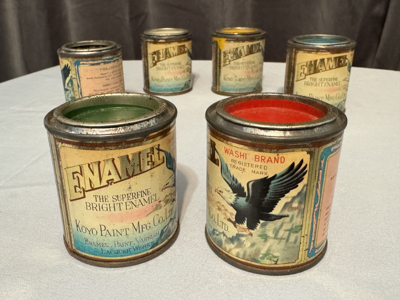 6 Vintage Kōyō Japan Washi Enamel Paint Cans 1930s-1950s Eagle Trademark Obscure 6 Vintage Kōyō Japan Washi Enamel Paint Cans 1930s-1950s Eagle Trademark Obscure