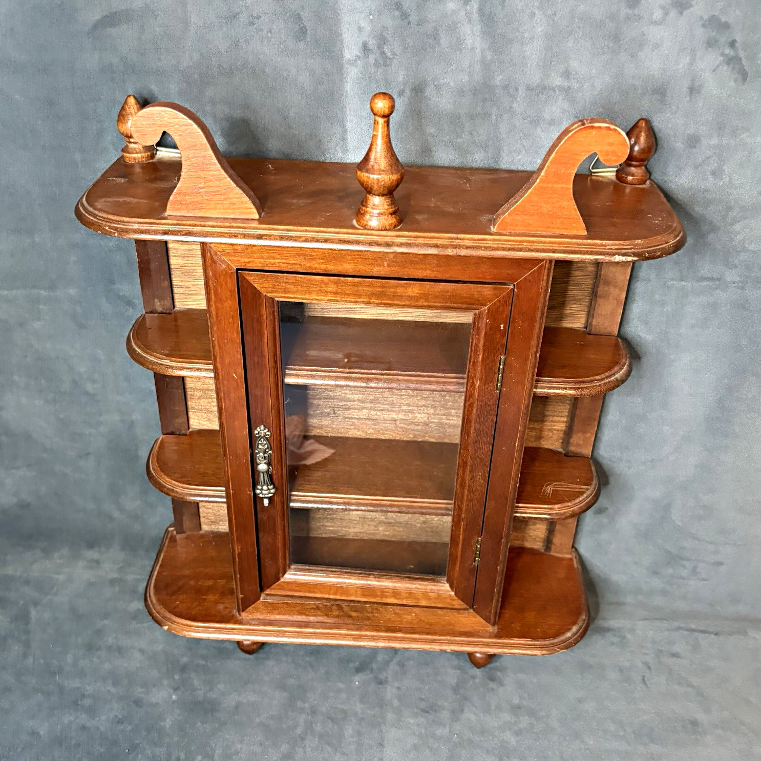 Vintage wooden trinket shelf knickknack shelf with glass door Vintage wooden trinket shelf knickknack shelf with glass door