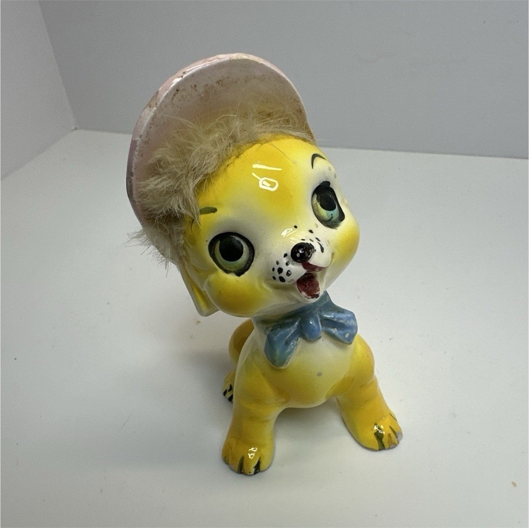 Vintage 1960s Japan Big Eye Puppy Dog Figurine Pink Hat Faux Fur MCM Kitsch Vintage 1960s Japan Big Eye Puppy Dog Figurine Pink Hat Faux Fur MCM Kitsch