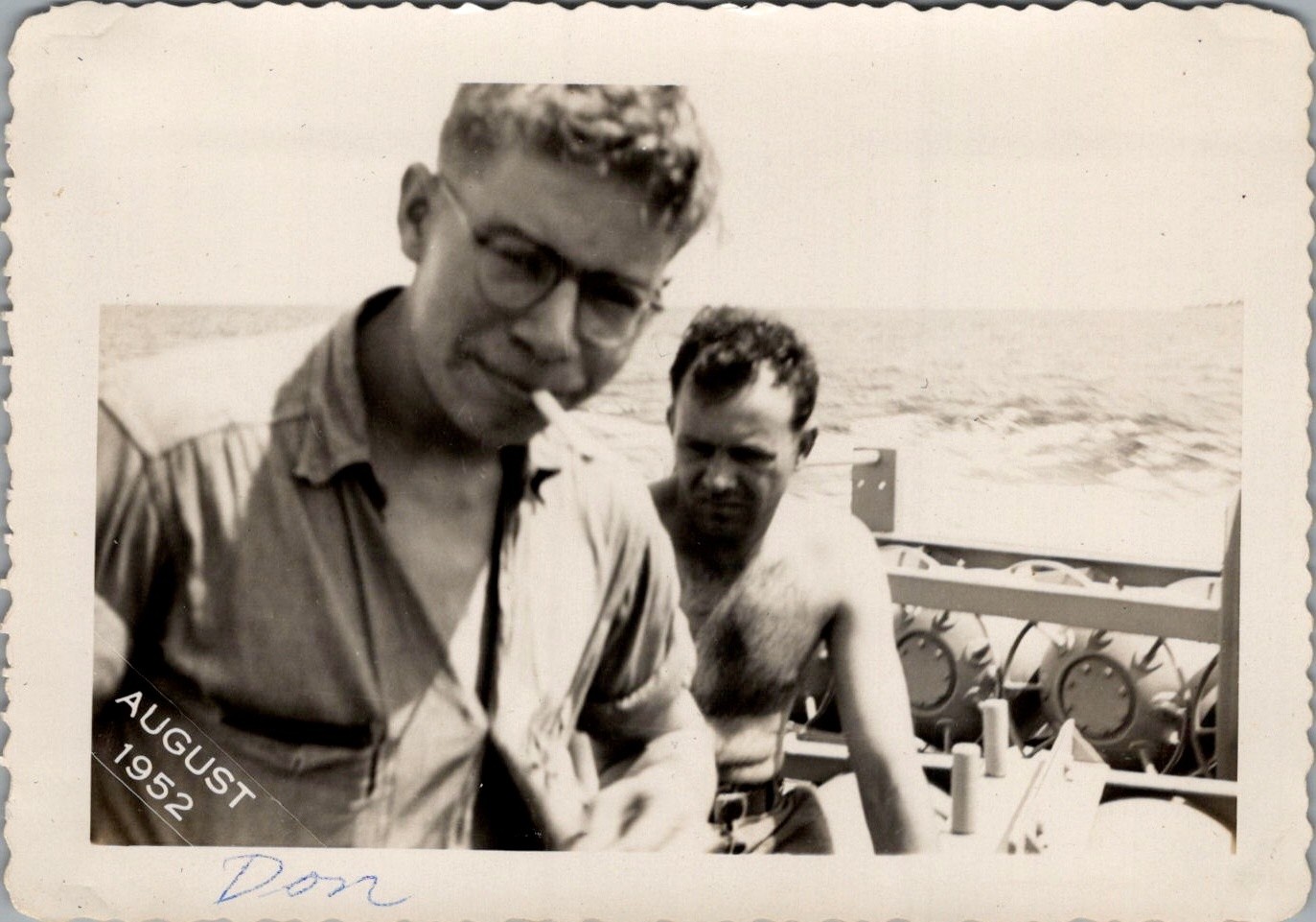 1952 Photograph US Navy Sailors Smoking by Contact Mines on Deck at Sea 1952 Photograph US Navy Sailors Smoking by Contact Mines on Deck at Sea