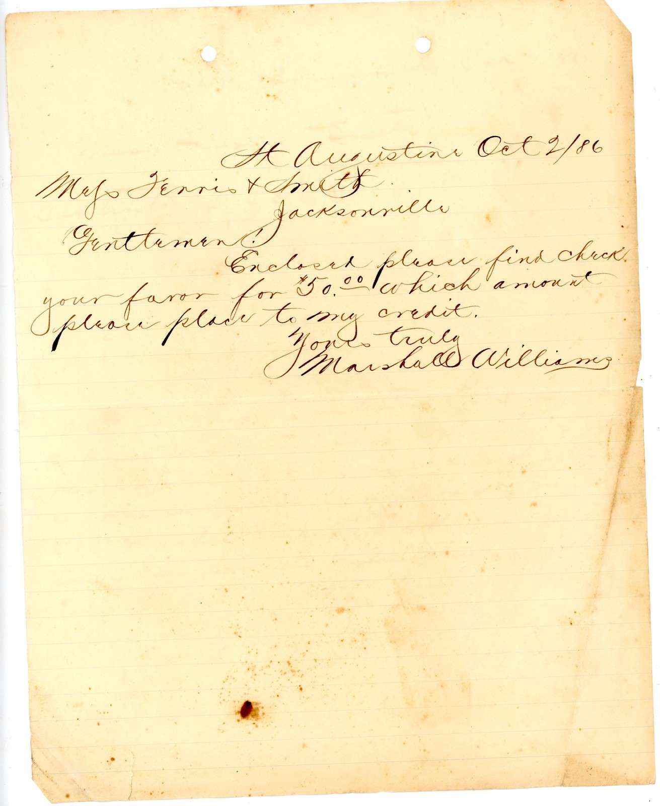 1886 Handwritten Business Letter – St. Augustine, Florida to Jacksonville Firm