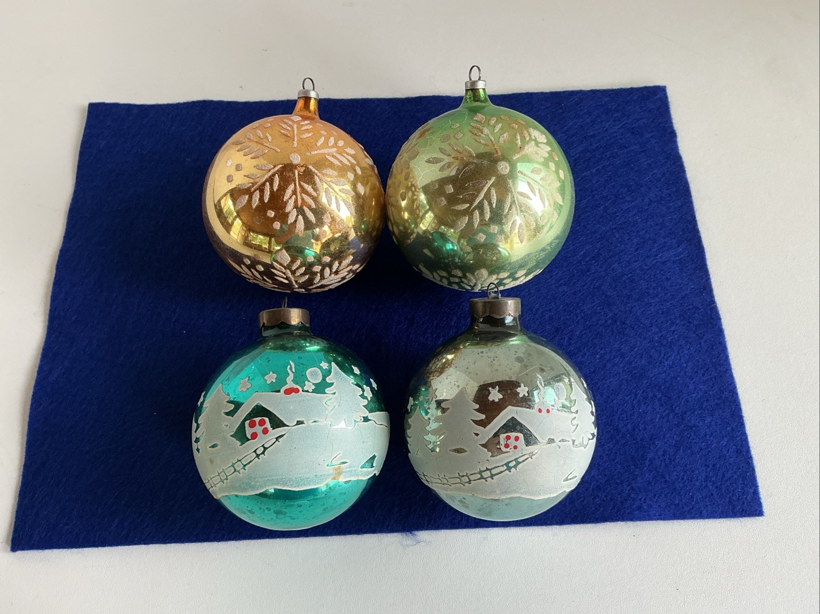 Lot of 4 Vintage Mercury Glass Stenciled Christmas Ornaments Austria