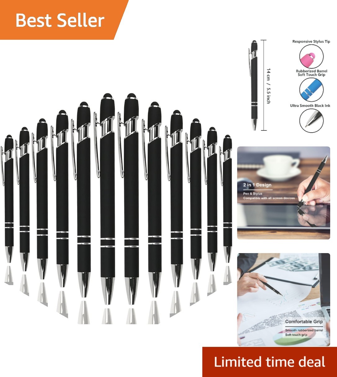 Stylish 12 Count Ballpoint Pen Set - Soft Touch Design, Retractable, Black Ink Stylish 12 Count Ballpoint Pen Set - Soft Touch Design, Retractable, Black Ink