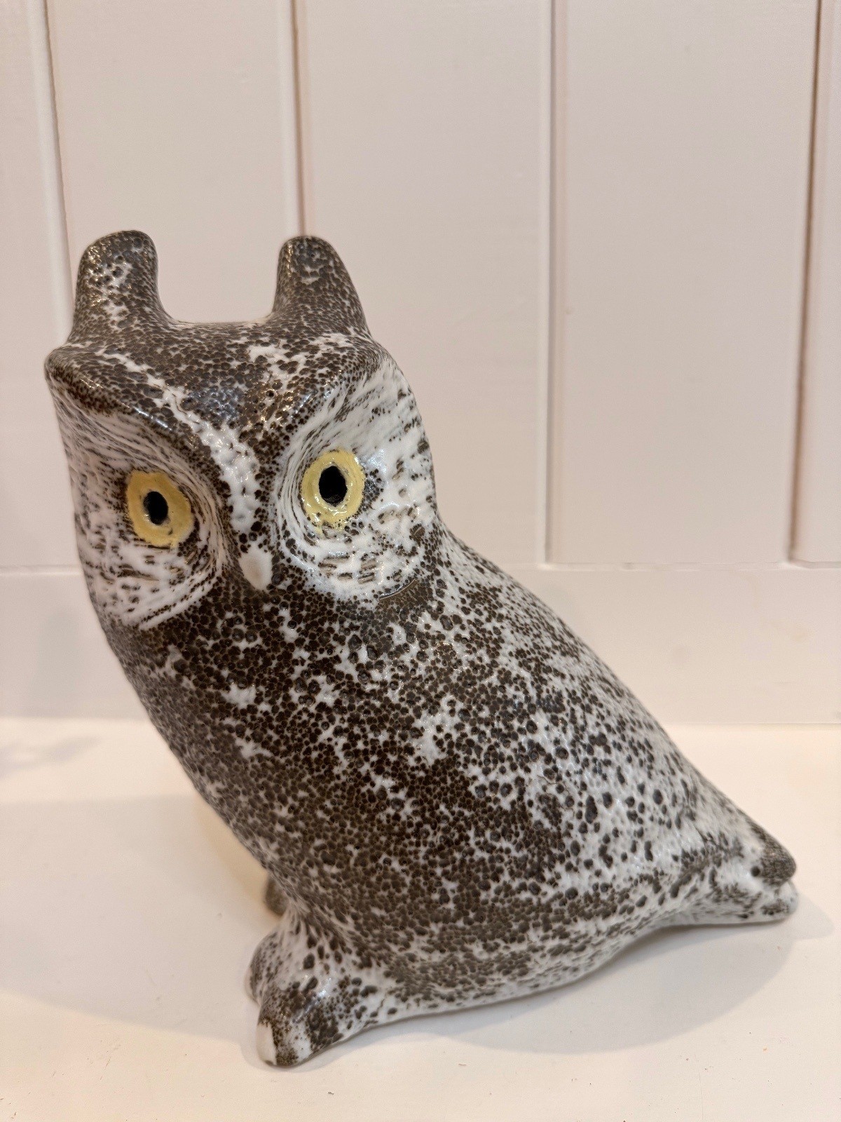 Vintage 9" Pigeon Forge Pottery Owl Signed D Ferguson Black White Lava Glaze MCM