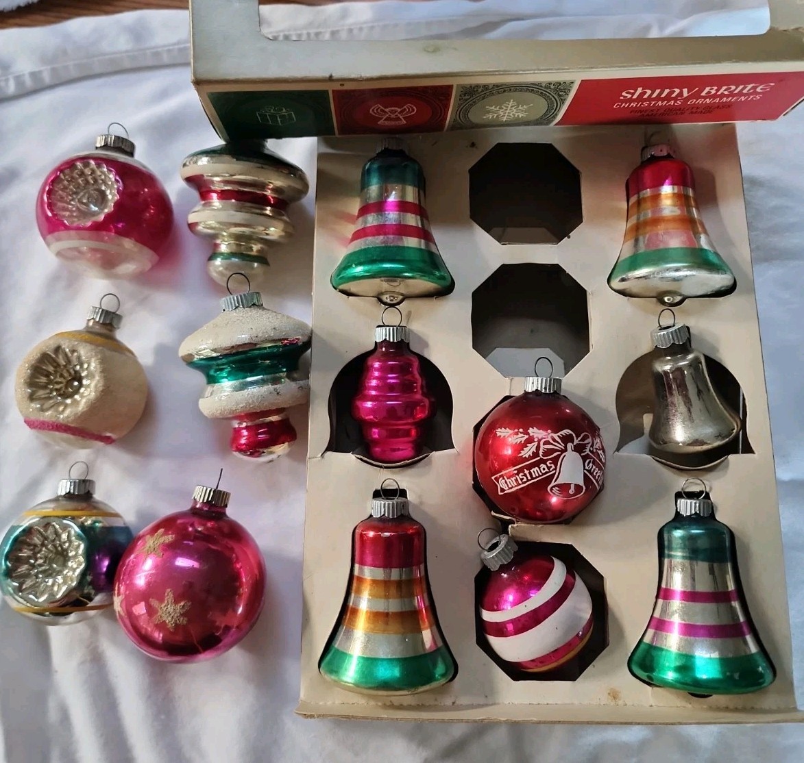 14 VTG Shiny Brite Double Indent Stencil Bell UFO Mica Glass Christmas Ornaments 14 VTG Shiny Brite Double Indent Stencil Bell UFO Mica Glass Christmas Ornaments