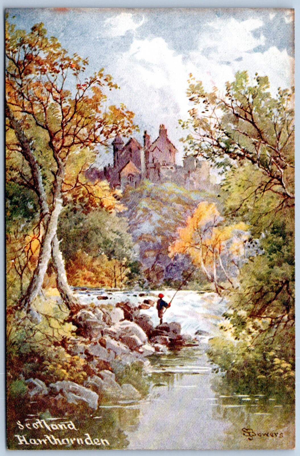 Postcard Scotland Hawthornden Castle River Misch & Stocks S. Bowers Artist C32