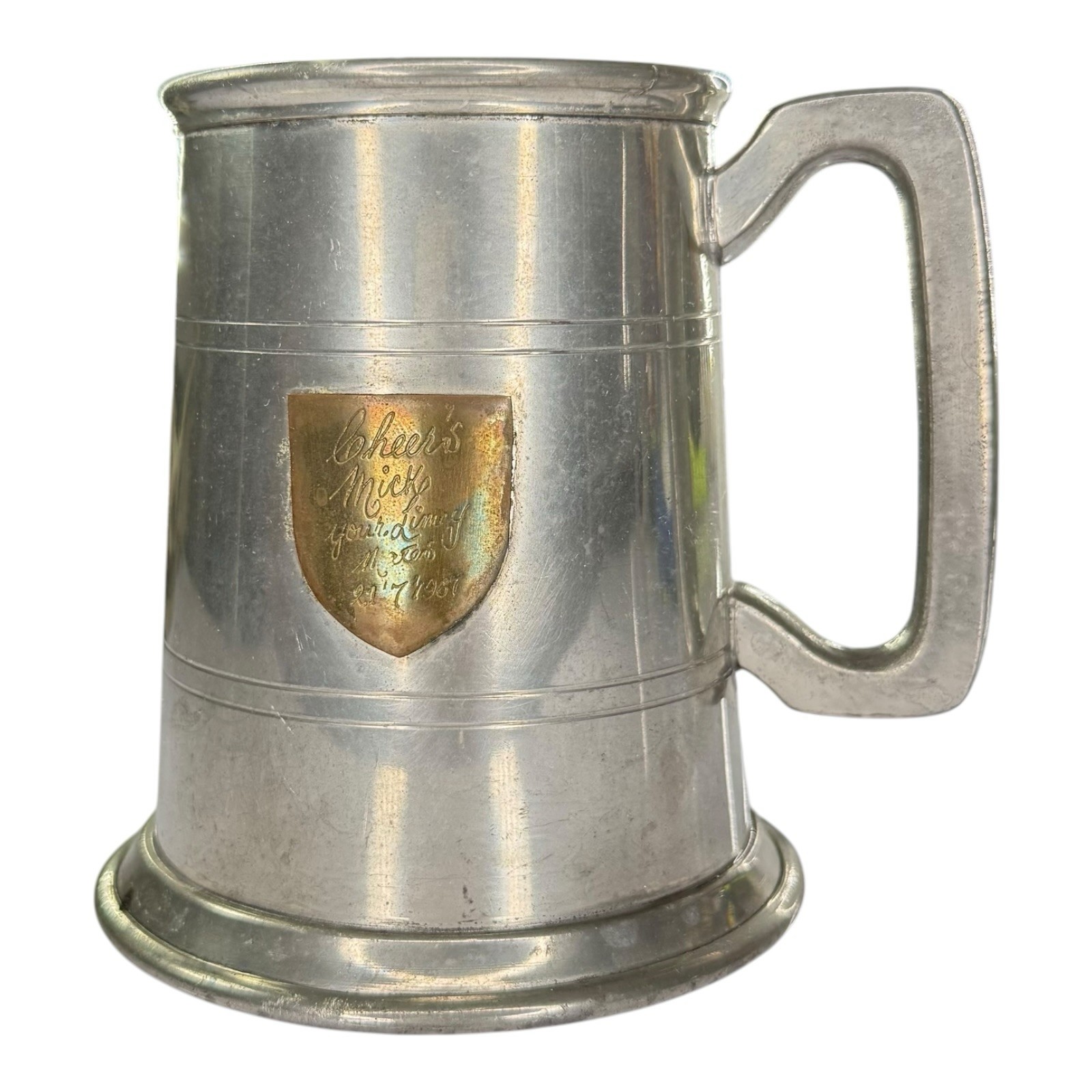 Vintage 1987 English Pewter Tankard Glass Bottom Beer Mug Engraved Made England Vintage 1987 English Pewter Tankard Glass Bottom Beer Mug Engraved Made England
