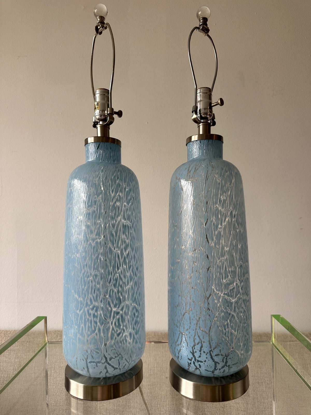 Pair Vintage Blue Textured Art Glass Table Lamps 27" Mid Century Modern Pair Vintage Blue Textured Art Glass Table Lamps 27" Mid Century Modern