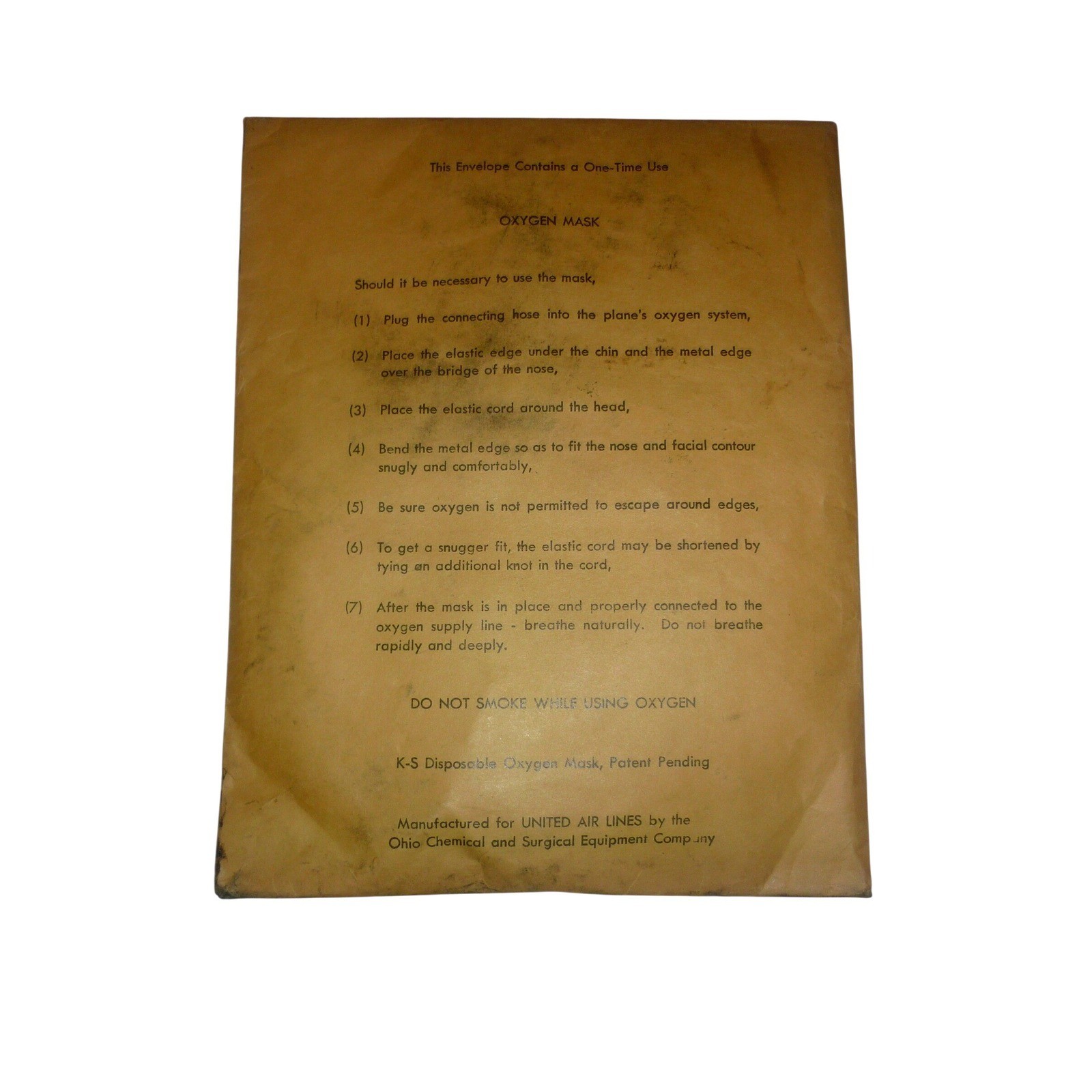 Vintage United Air Lines Emergency Passenger Oxygen Mask Envelope Ohio Chemical