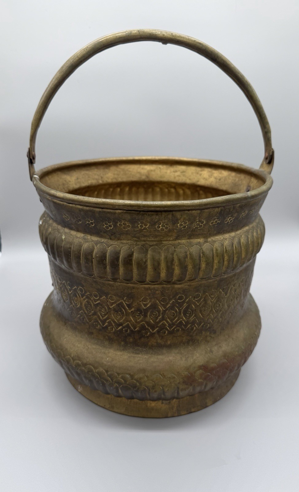 Antique Middle Eastern Brass Bucket Planter 9.5" – Hand Etched Geometric Design Antique Middle Eastern Brass Bucket Planter 9.5" – Hand Etched Geometric Design
