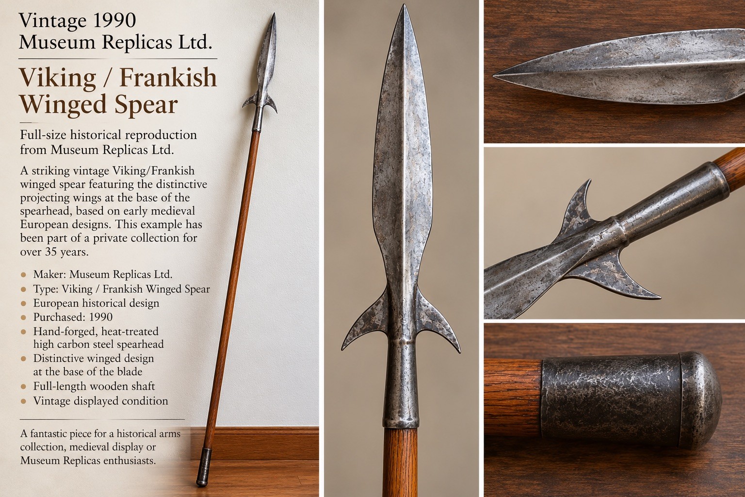Vintage Museum Replicas Viking Frankish Winged Spear 1990 Medieval Reproduction Vintage Museum Replicas Viking Frankish Winged Spear 1990 Medieval Reproduction