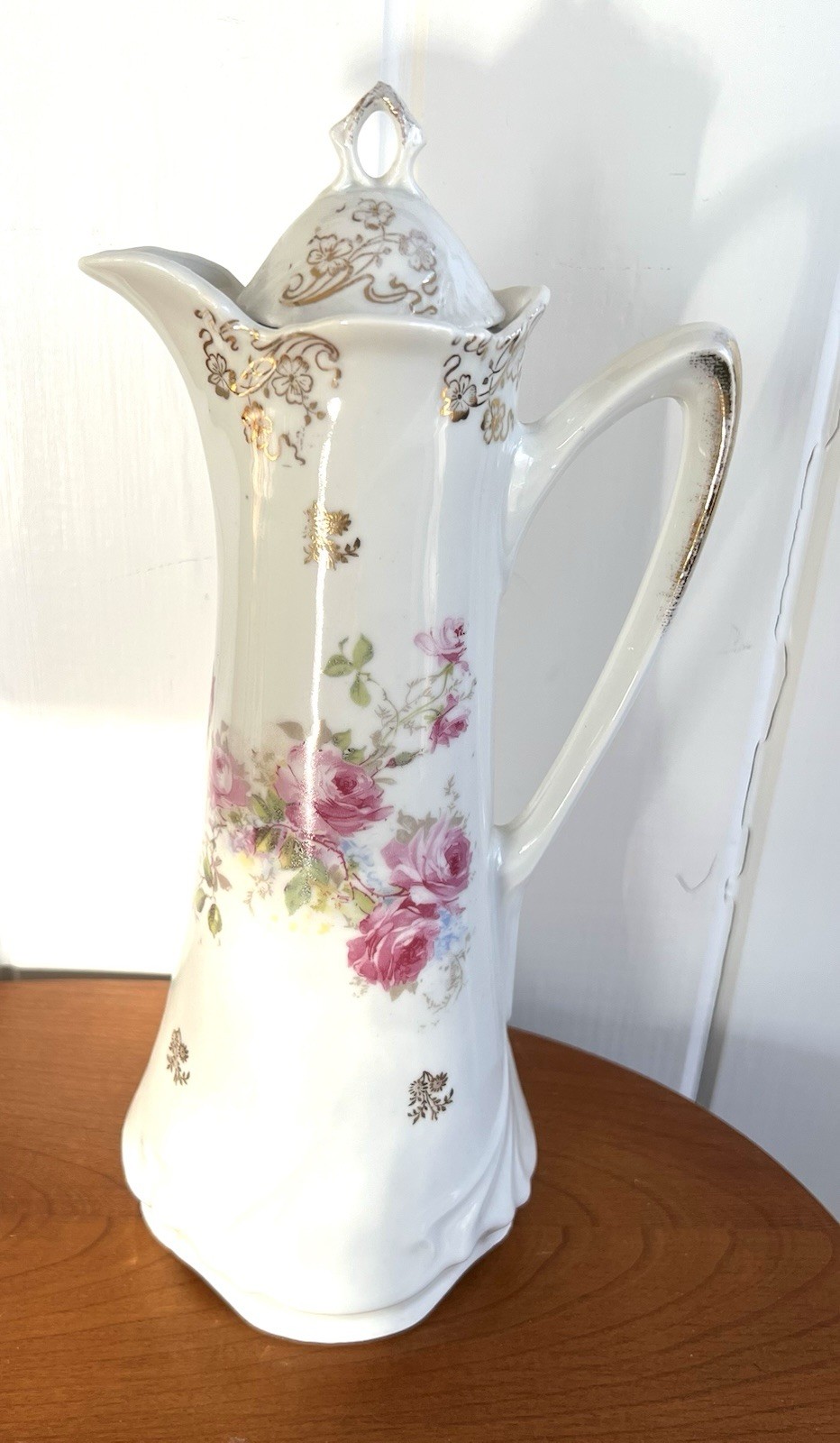 REDUCED Vintage Tea Chocolate Pot Tall Slender With Lid Beautiful Roses REDUCED Vintage Tea Chocolate Pot Tall Slender With Lid Beautiful Roses