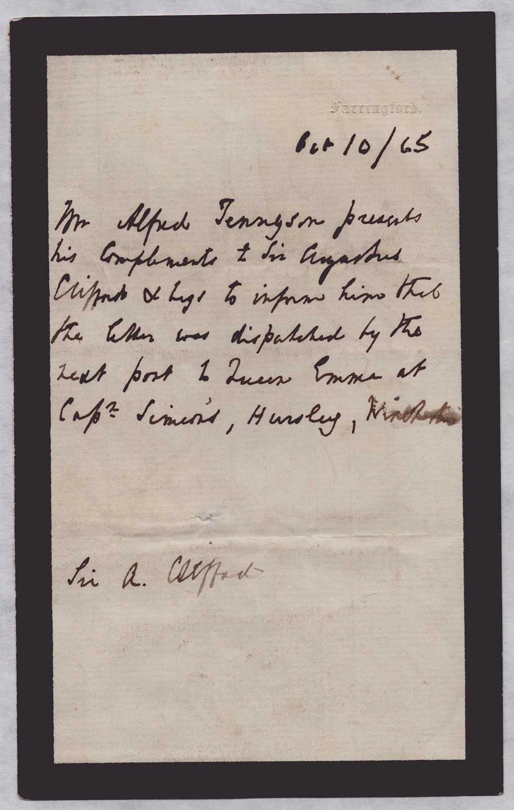 ALFRED LORD TENNYSON - THIRD PERSON AUTOGRAPH LETTER 10/10/1865 ALFRED LORD TENNYSON - THIRD PERSON AUTOGRAPH LETTER 10/10/1865