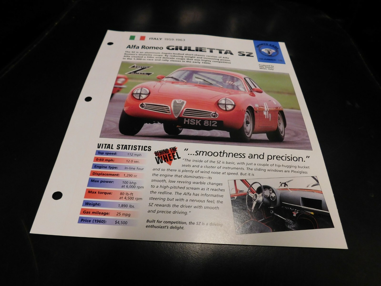 1959-1963 Alfa Romeo Giulietta SZ Spec Sheet Brochure Photo Poster 62 61 60 1959-1963 Alfa Romeo Giulietta SZ Spec Sheet Brochure Photo Poster 62 61 60