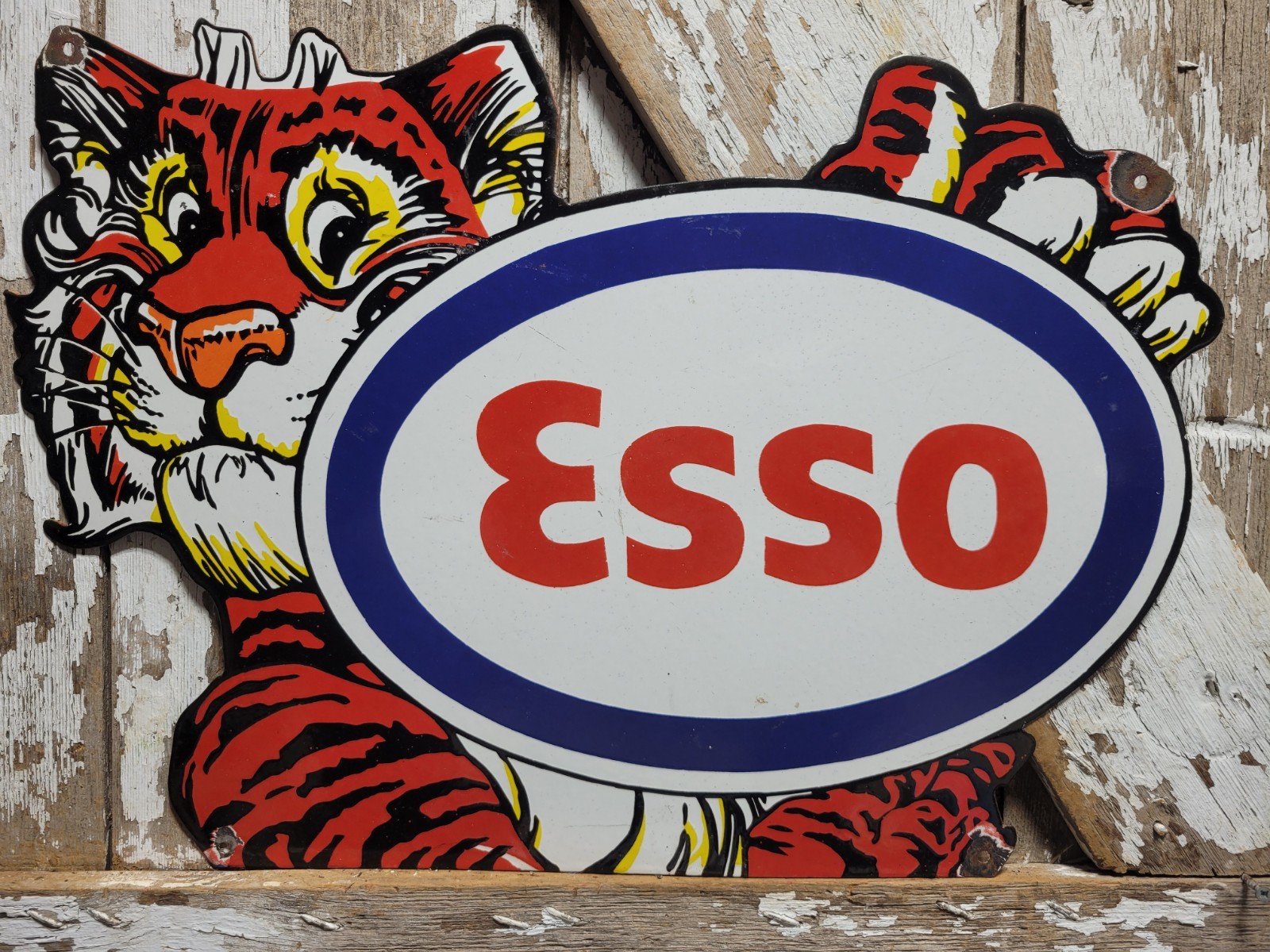 VINTAGE ESSO PORCELAIN SIGN RARE 23" OLD DIECUT GAS STATION PUMP TIGER MOTOR OIL VINTAGE ESSO PORCELAIN SIGN RARE 23" OLD DIECUT GAS STATION PUMP TIGER MOTOR OIL