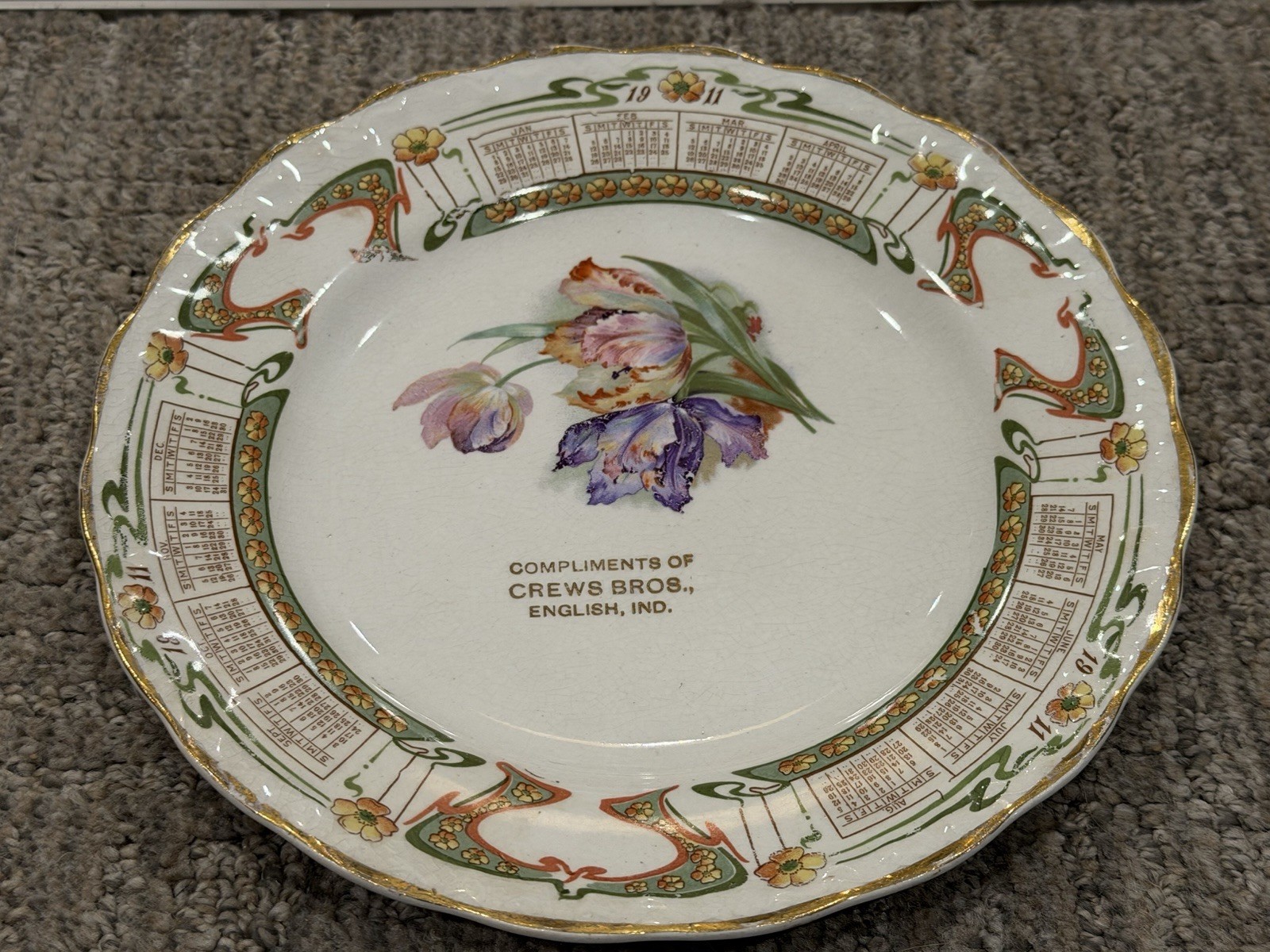 CARNATION MCNICOL 1911 CALENDAR 8" ADV PLATE COMPLIMENTS CREWS BROS. ENGLISH IND CARNATION MCNICOL 1911 CALENDAR 8" ADV PLATE COMPLIMENTS CREWS BROS. ENGLISH IND