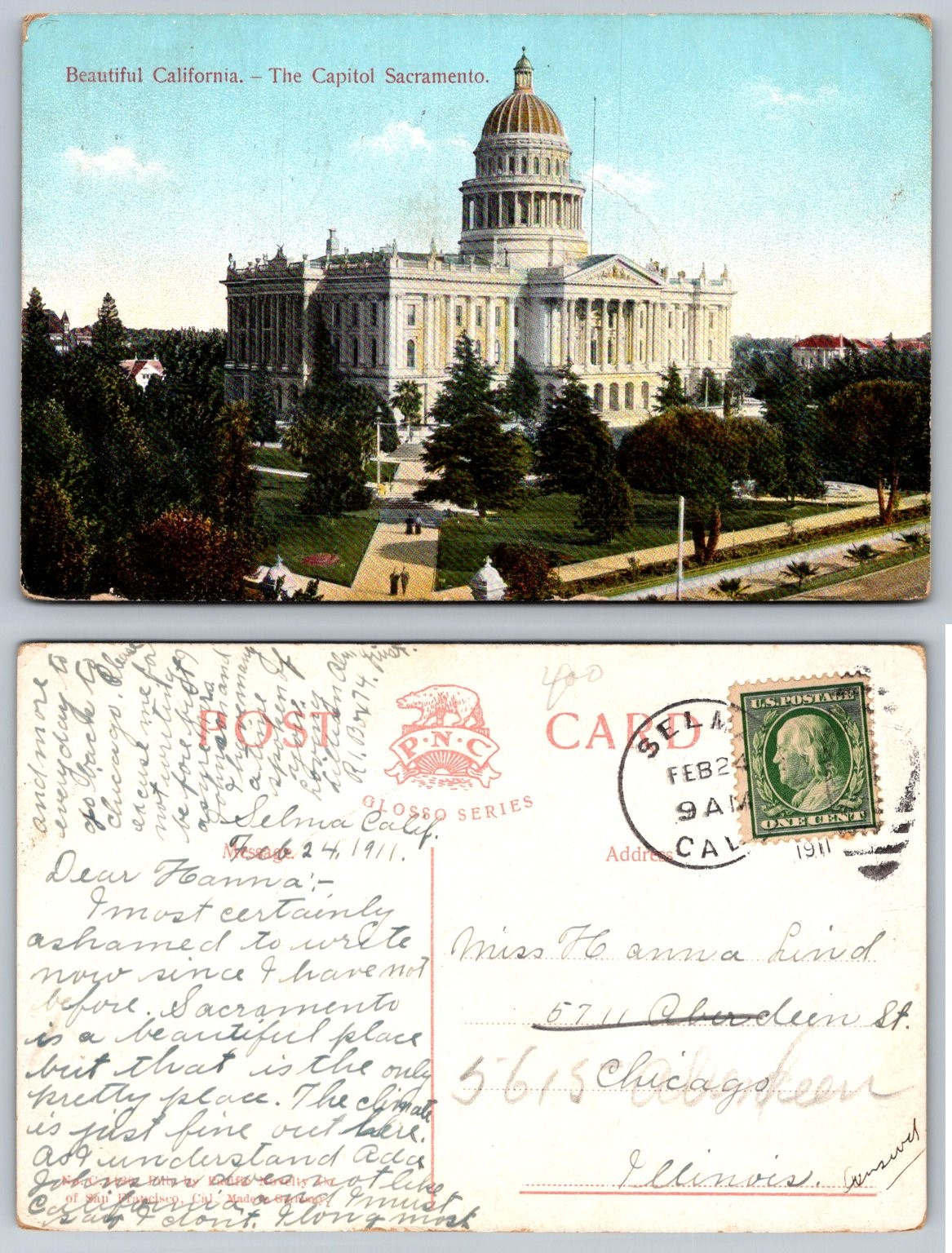 1911 Sacramento California Capitol Building Postcard Glosso Series PNC 1911 Sacramento California Capitol Building Postcard Glosso Series PNC
