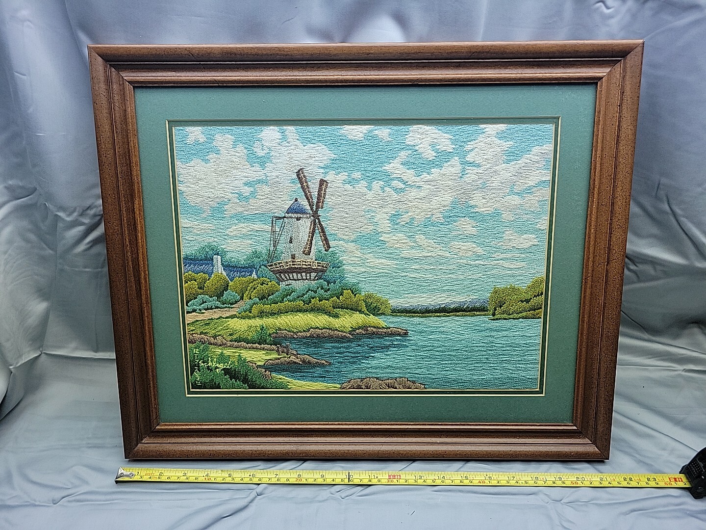 Vintage Japanese Bunka Embroidery Windmill Scene Framed Matted 21.5" x 17.5"