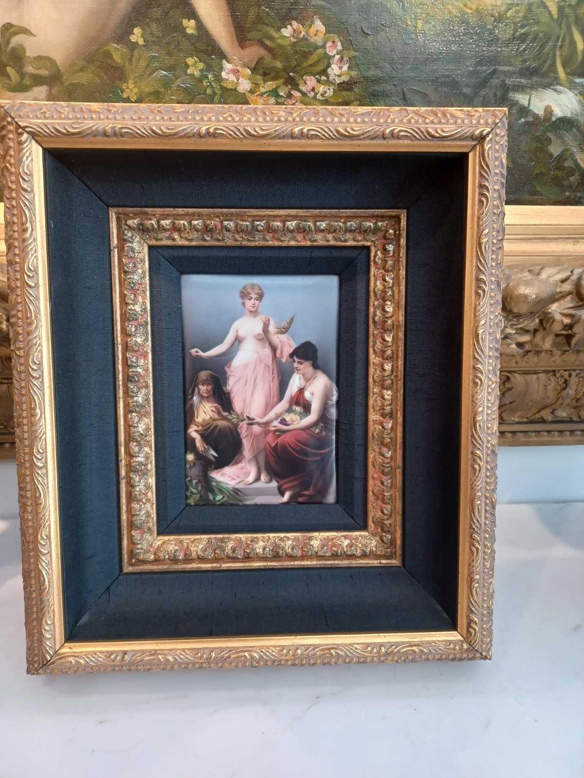 Antique plaque in elaborate shadowbox frame Antique plaque in elaborate shadowbox frame
