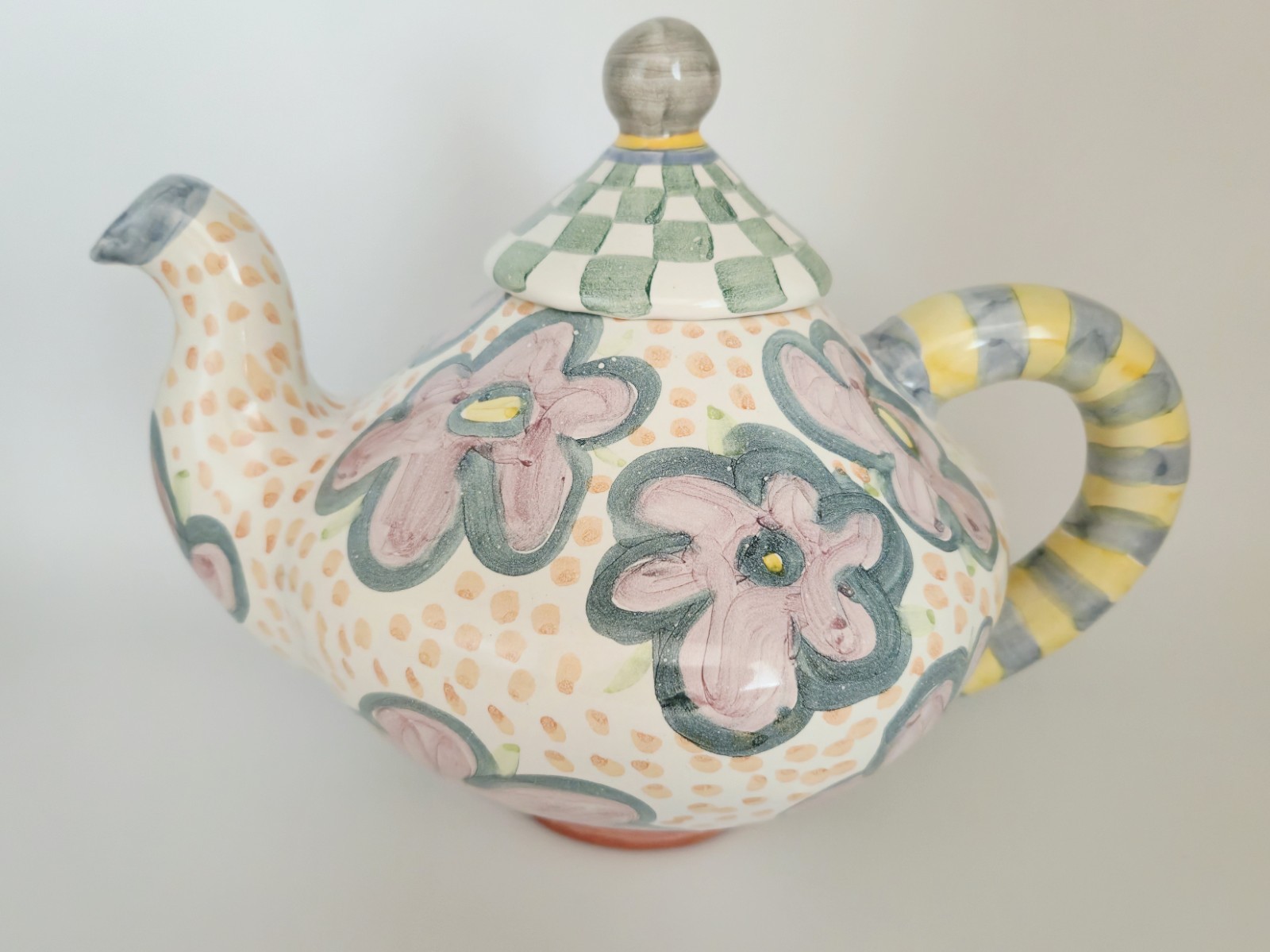 VTG 2001 Mackenzie Childs Taylor Myrtle Ceramic Floral Gingham Stripe Teapot VTG 2001 Mackenzie Childs Taylor Myrtle Ceramic Floral Gingham Stripe Teapot