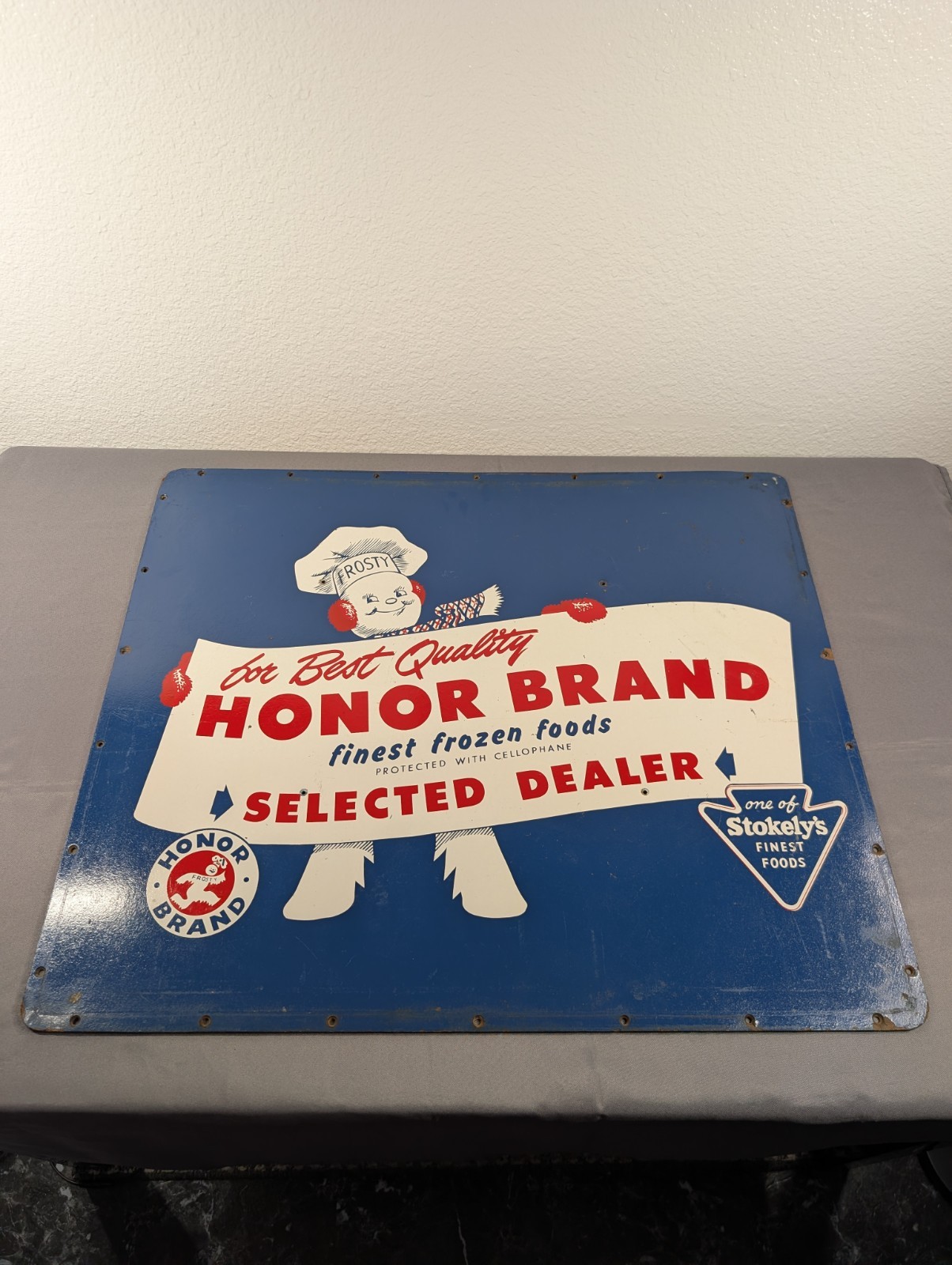 Vintage Honor Brand Frozen Food Original Advertising Sign Frosty Graphic 1940-50 Vintage Honor Brand Frozen Food Original Advertising Sign Frosty Graphic 1940-50
