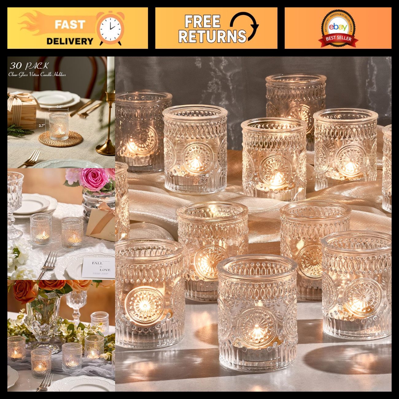30 Pack Clear Glass Votive Holders - Vintage Tealight Candle Holders for Events, 30 Pack Clear Glass Votive Holders - Vintage Tealight Candle Holders for Events,