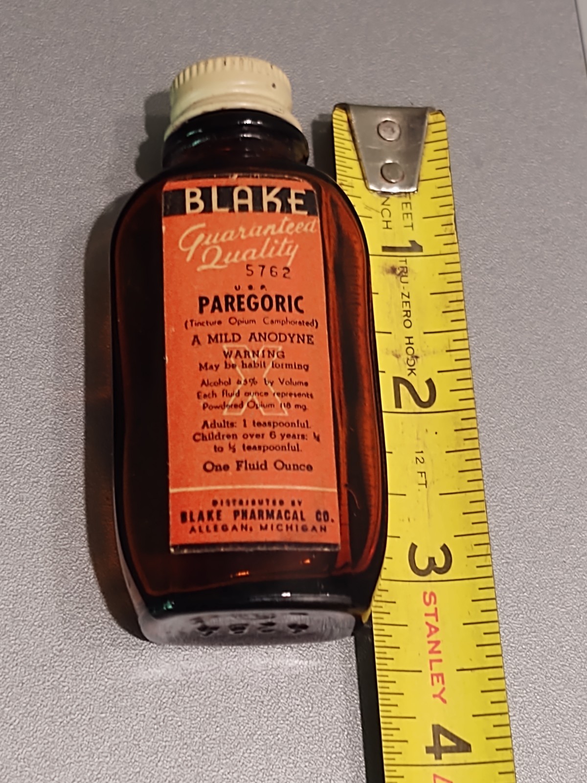 Rare Antique Vintage Paregoric Medicine Bottle, Blake Pharmacal Co, Allegan, MI.