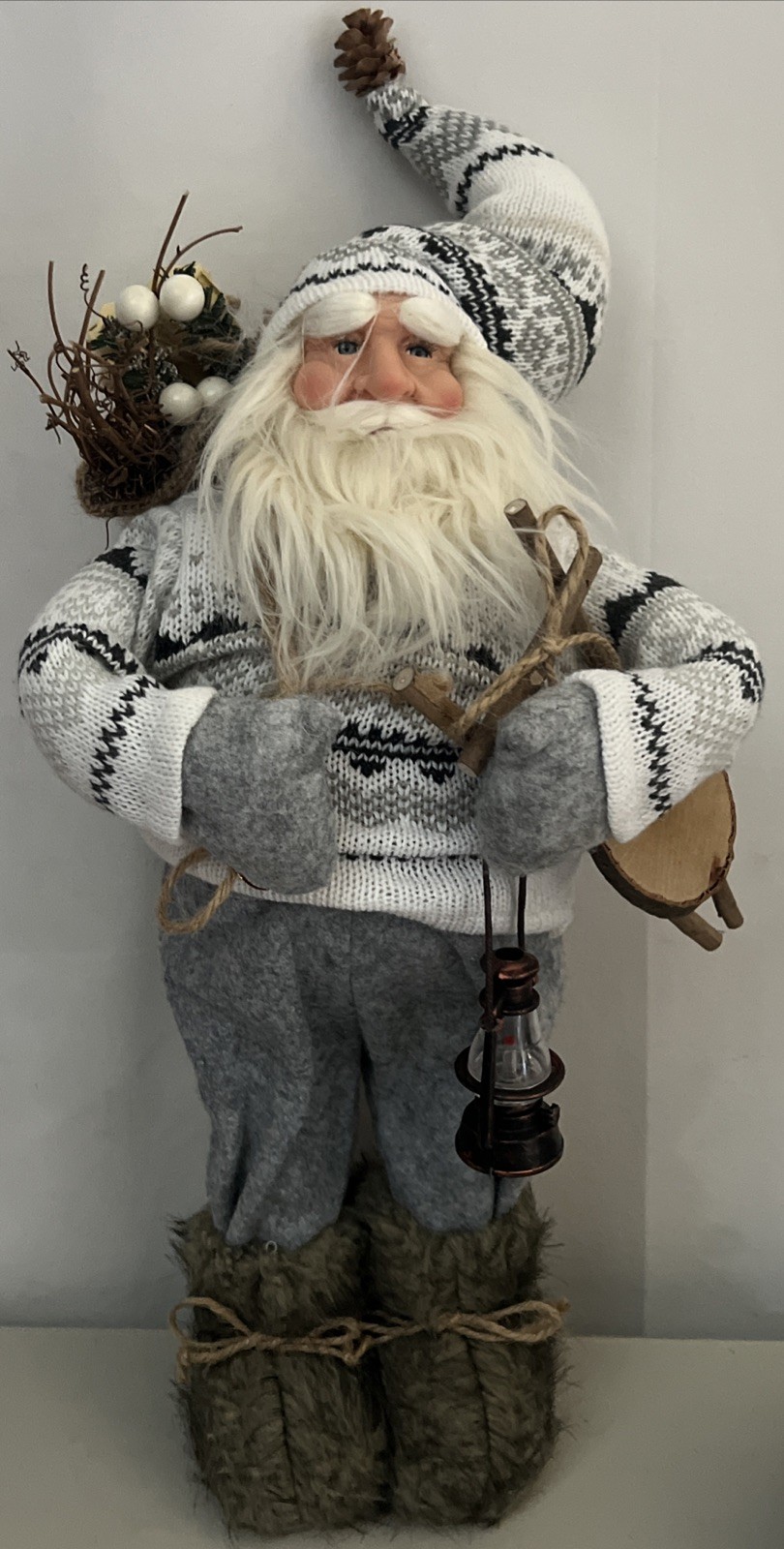 Northlight Santa 17 1/2" Gray and White with Lantern Sled Santa Sack
