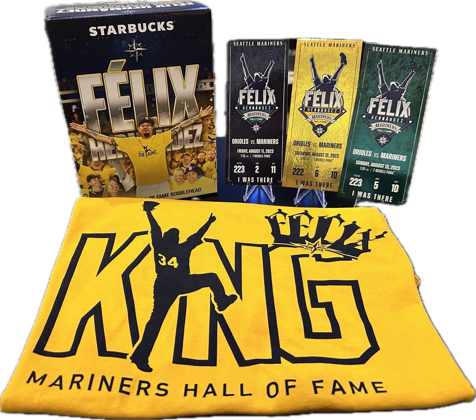 Felix Hernandez Mariners Hall Of Fame Combo - Bobblehead & Tickets & T-Shirt