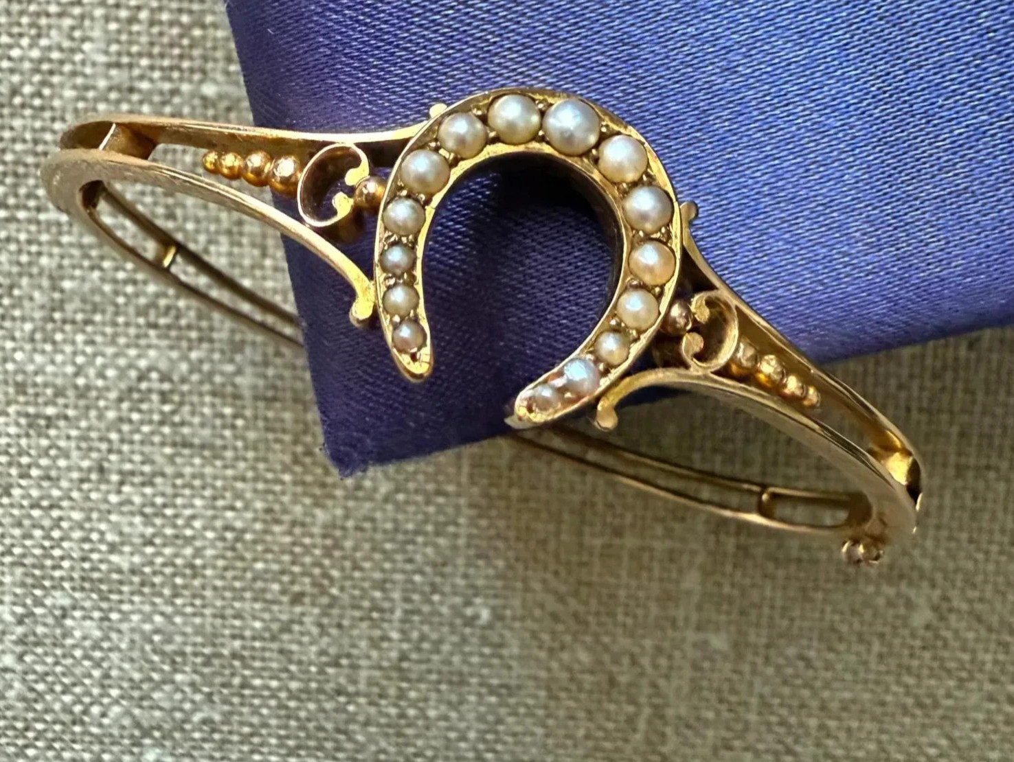 Victorian Seed Pearl Openable Horseshoe Bangle 14k Yellow Gold Plated 7.5"Inch Victorian Seed Pearl Openable Horseshoe Bangle 14k Yellow Gold Plated 7.5"Inch