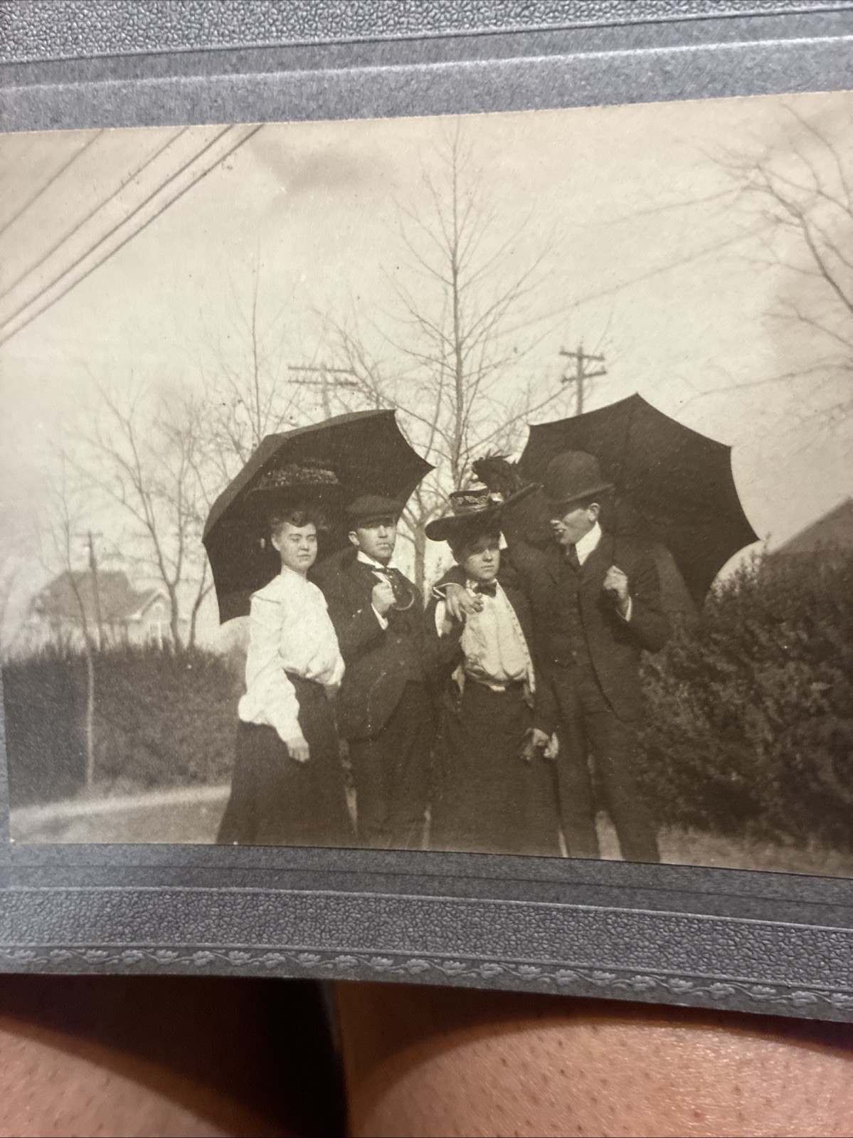Antique 1900s Photo Group with Umbrellas Edwardian Fashion Mat Framed Snapshot Antique 1900s Photo Group with Umbrellas Edwardian Fashion Mat Framed Snapshot