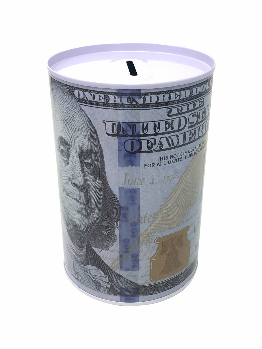 Tin Money Savings Piggy Bank with Ben Franklin $100 Bill Money Coin Saver 4" Tin Money Savings Piggy Bank with Ben Franklin $100 Bill Money Coin Saver 4"