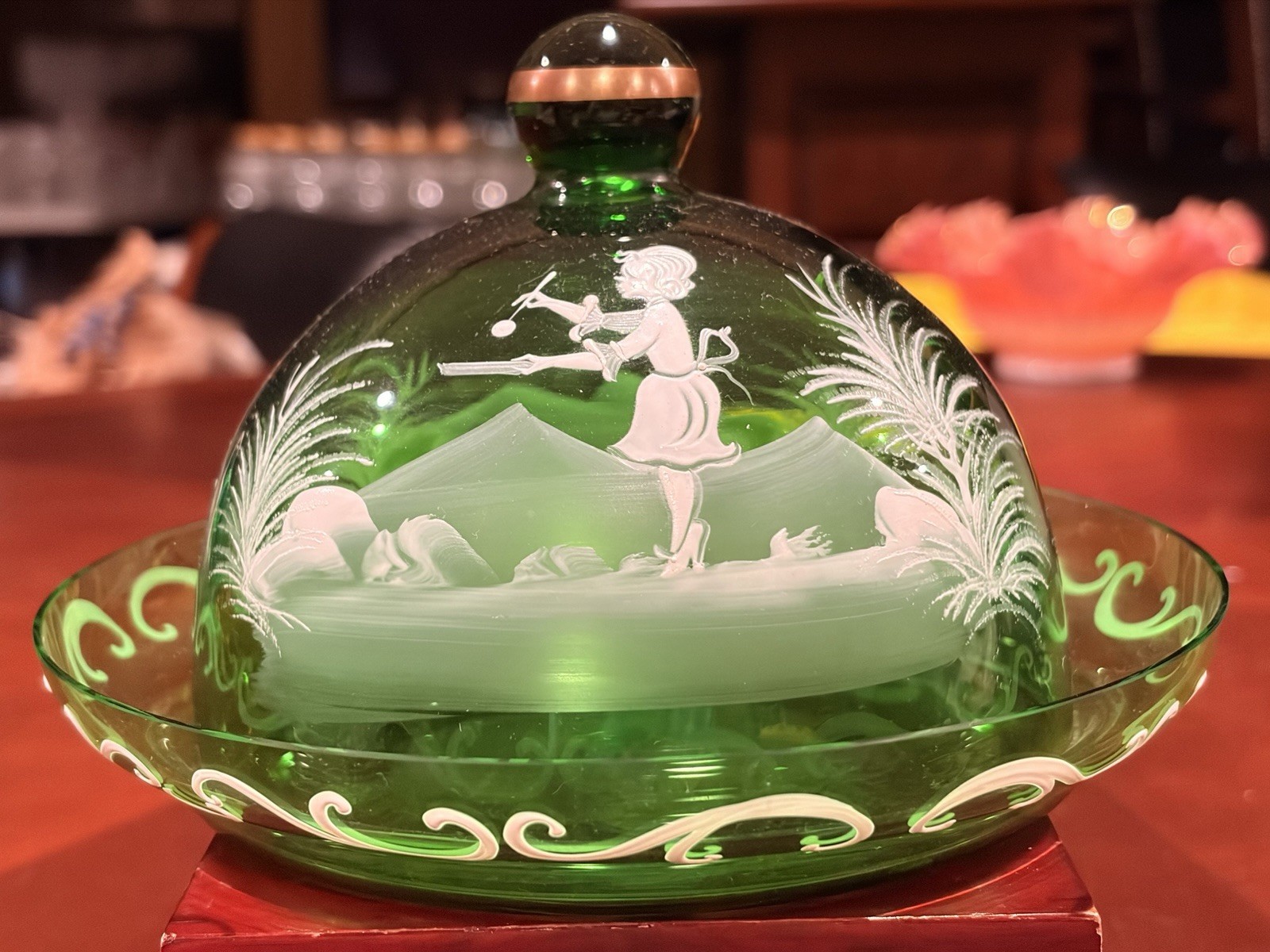 Vtg Bohemia Glass Green Mary Gregory Covered Cheese Butter Dome Dish 7” Ex Cond Vtg Bohemia Glass Green Mary Gregory Covered Cheese Butter Dome Dish 7” Ex Cond