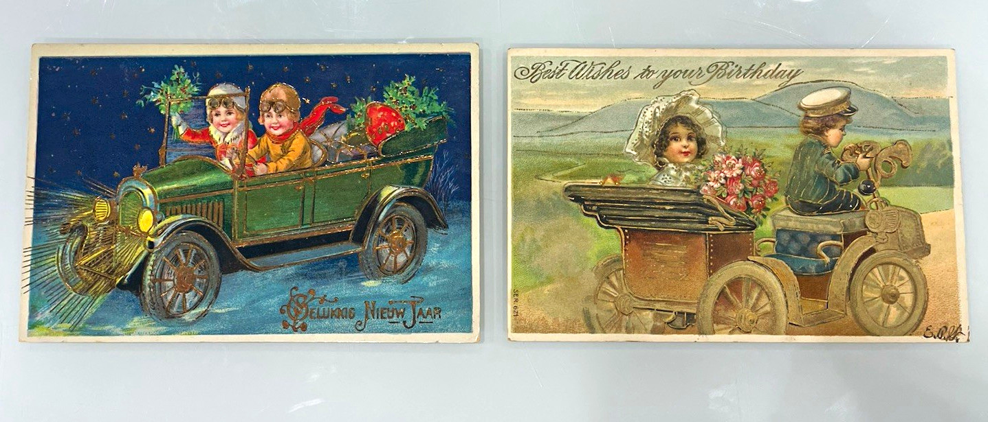 2x 1907 Edwardian Holiday Birthday Postcards Kids in Automobiles Dutch 2x 1907 Edwardian Holiday Birthday Postcards Kids in Automobiles Dutch