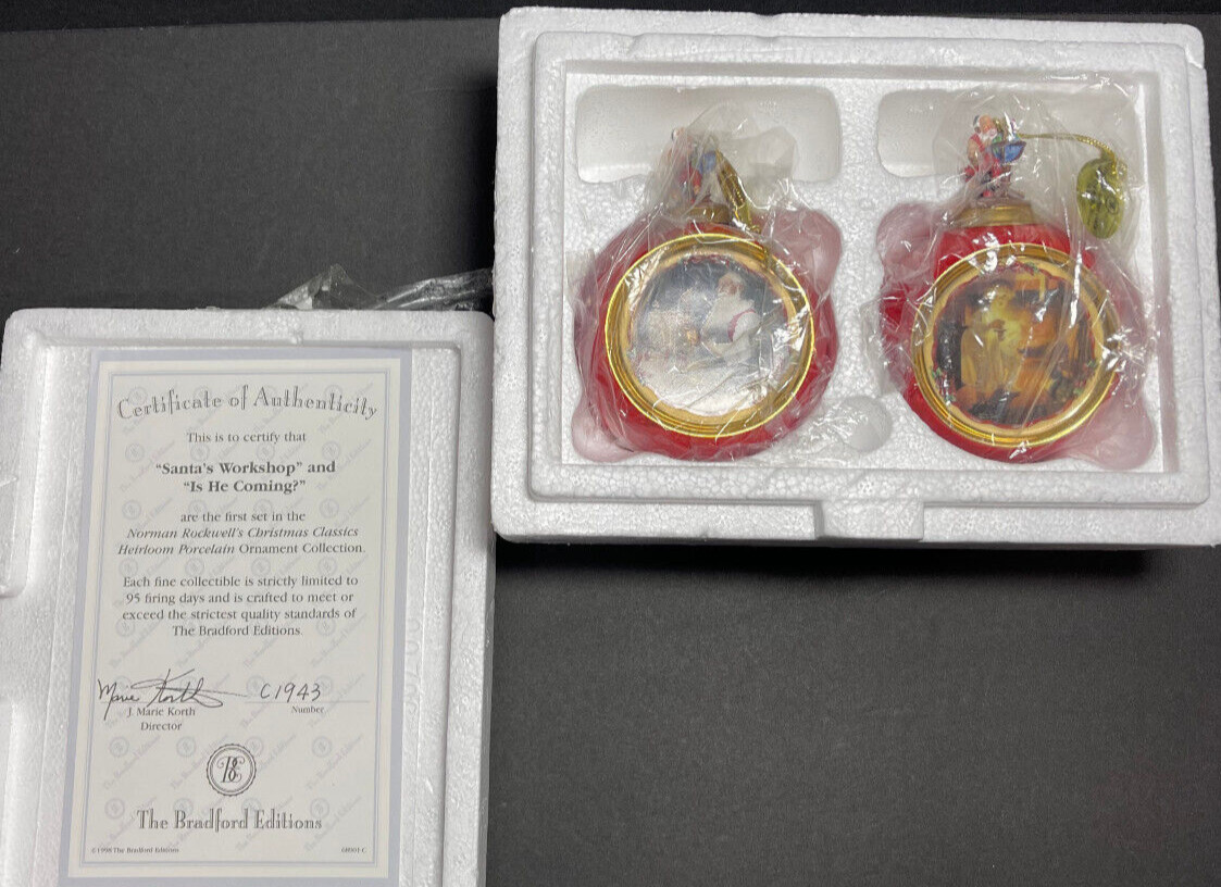 Vtg 1998 Bradford Editions Norman Rockwell Christmas Ornaments Set Of 2 w/COA Vtg 1998 Bradford Editions Norman Rockwell Christmas Ornaments Set Of 2 w/COA