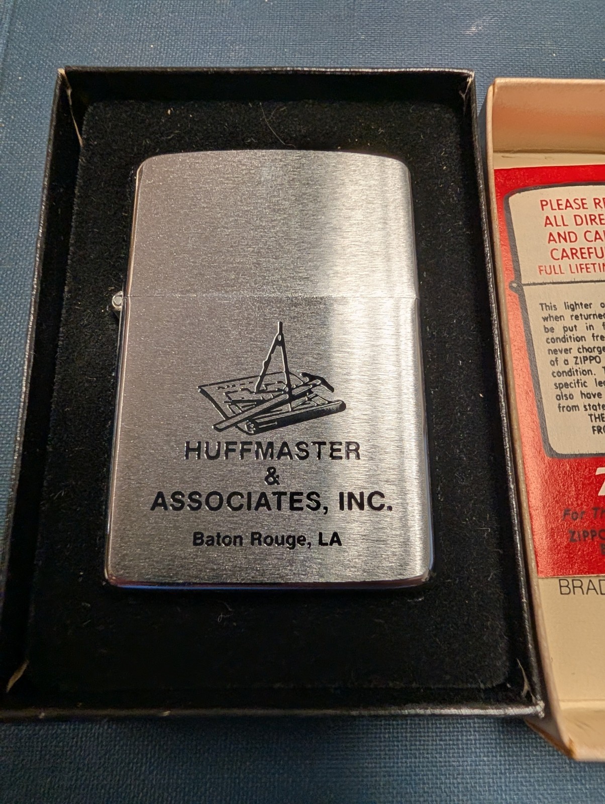 Vintage 1979 Zippo Lighter NOS NIB Unused Error Stamp Huffmaster Baton Rouge LA Vintage 1979 Zippo Lighter NOS NIB Unused Error Stamp Huffmaster Baton Rouge LA