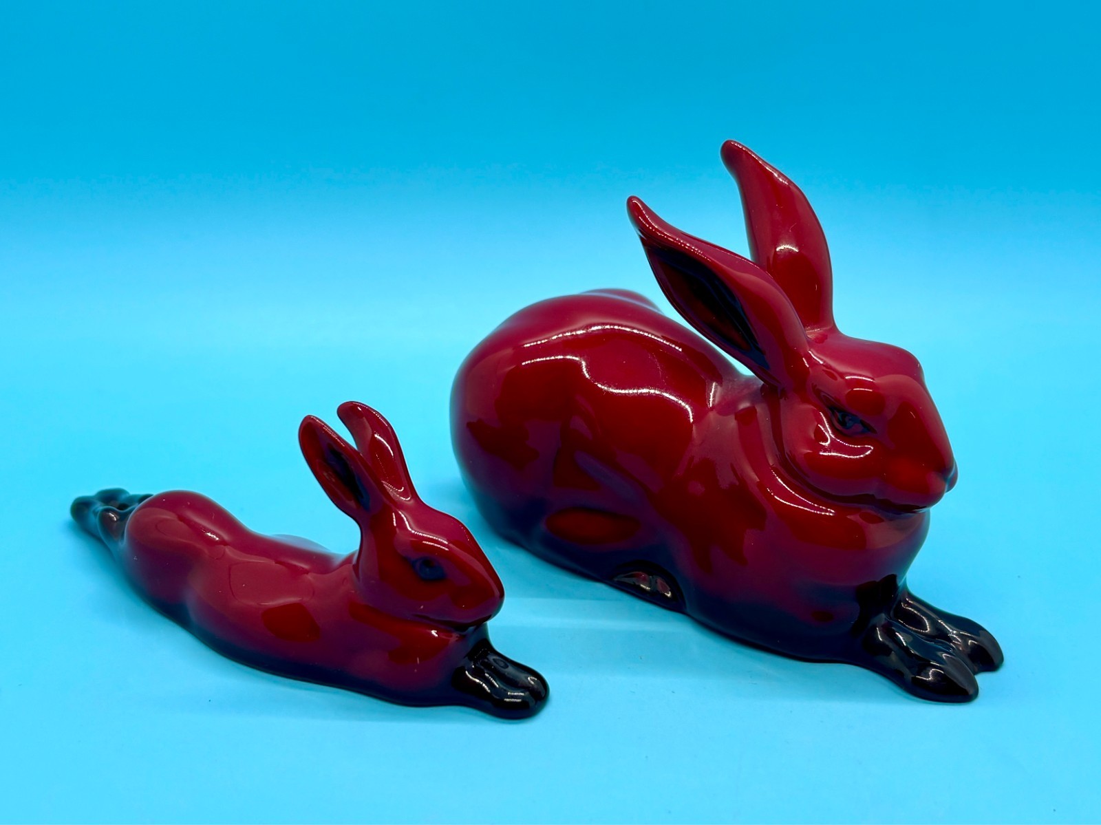 Lot of 2 Royal Doulton Flambe Deep Red Hare Rabbit Figures – EUC