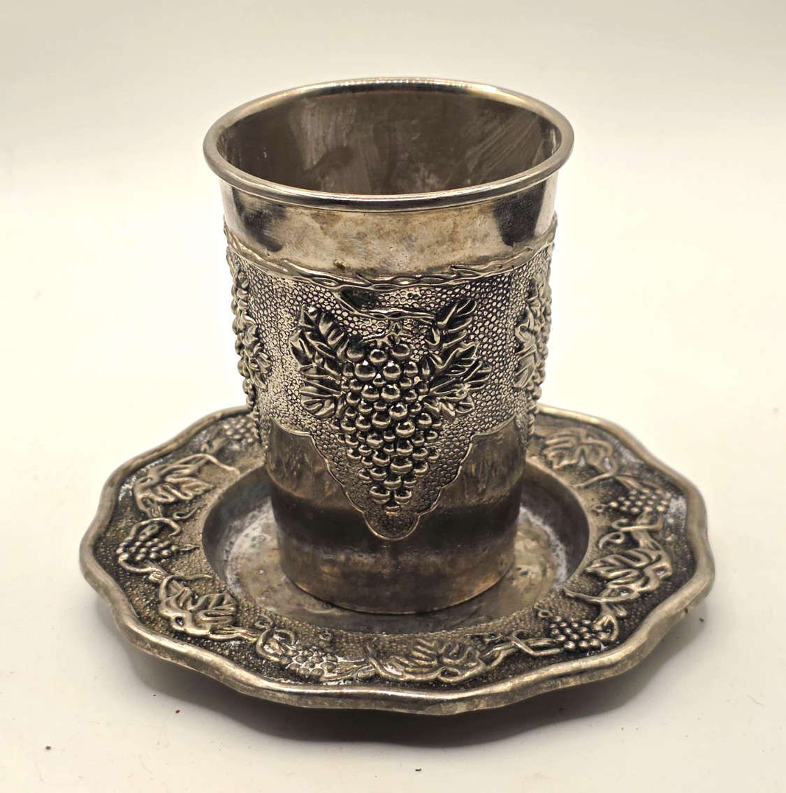 ​Vintage Silver Plate Kiddush Beaker Tumbler 3.5" & Matching Saucer Tray Judaica