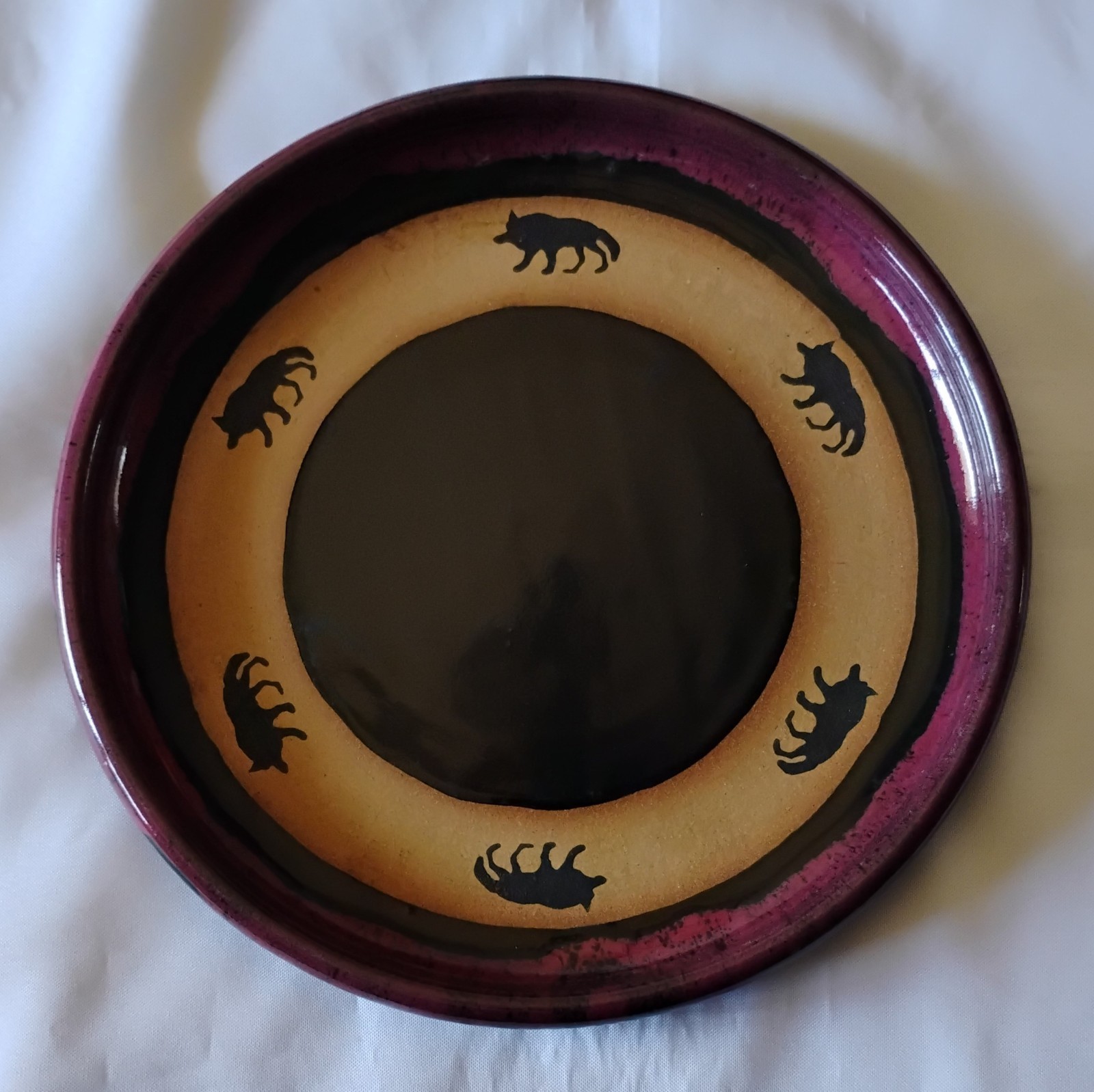 Vintage 1998 Always Azul Walking Wolf 11 3/4" Red On Black Glaze Serving Plate