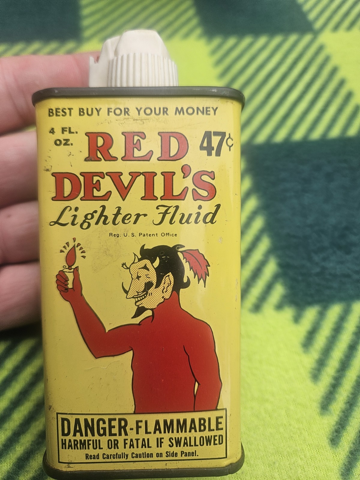 Vintage RED DEVIL'S LIGHTER FLUID 4 oz. 47 cents Advertising Tin Container