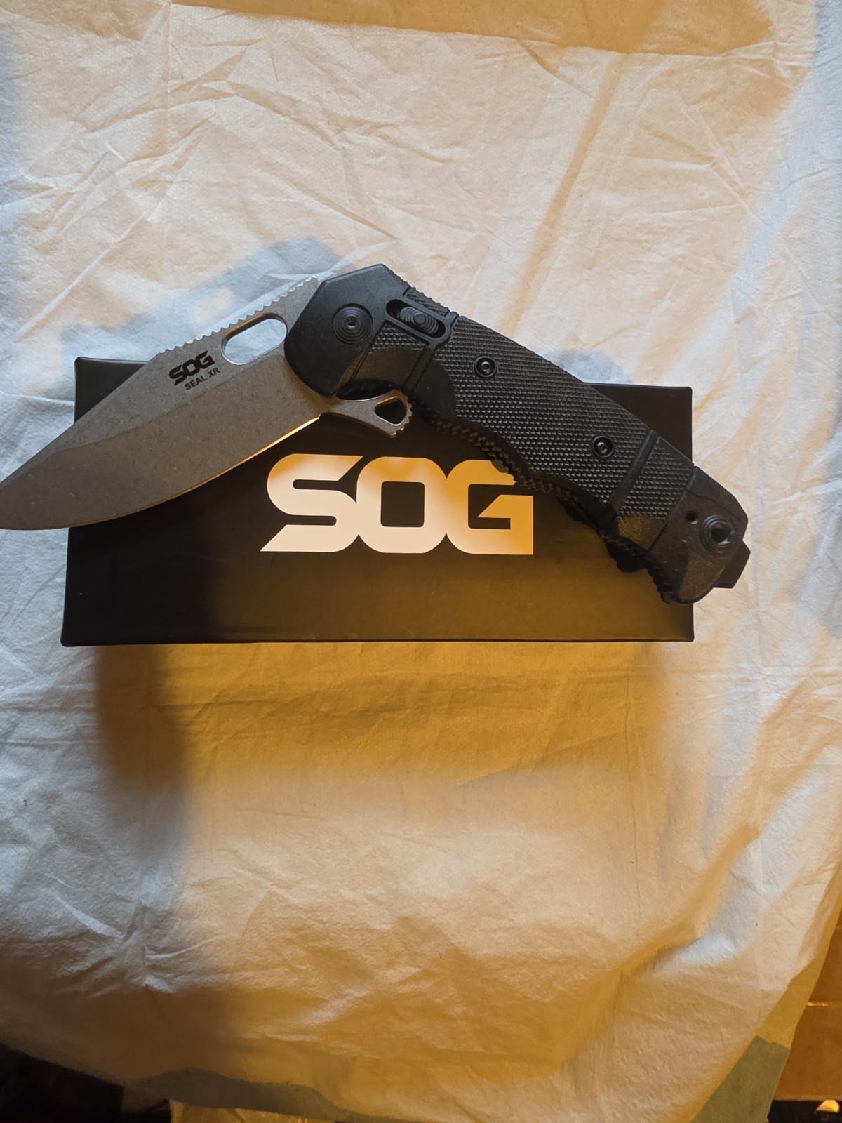 SOG SEAL XR Lock Folding Knife 4"Clip Point Blade Stone Washed Blade Black Handl SOG SEAL XR Lock Folding Knife 4"Clip Point Blade Stone Washed Blade Black Handl
