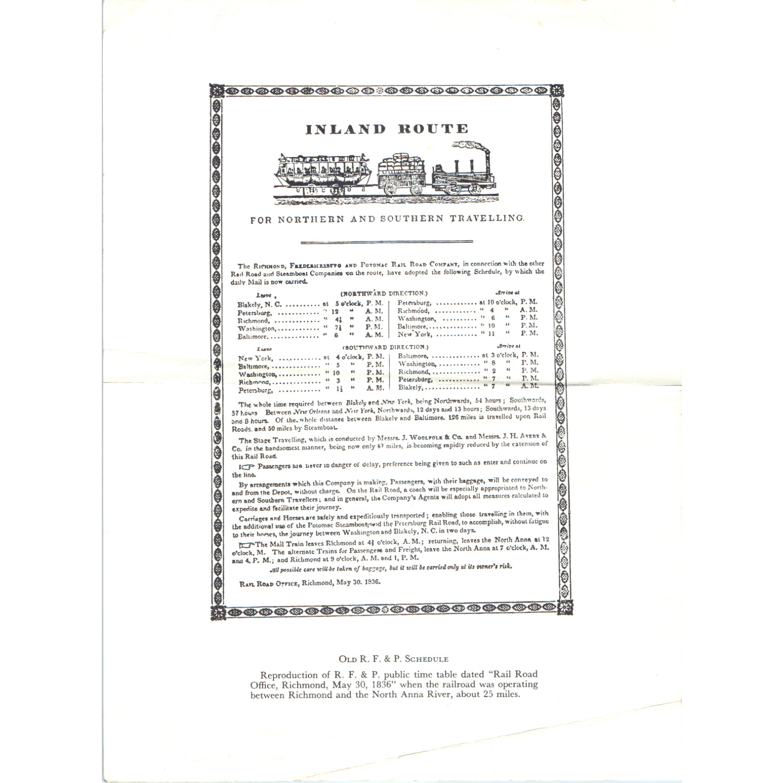 x2 LOT 1836 RF&P Railroad Timetable Reproduction & Newspaper Notice Richmond VA